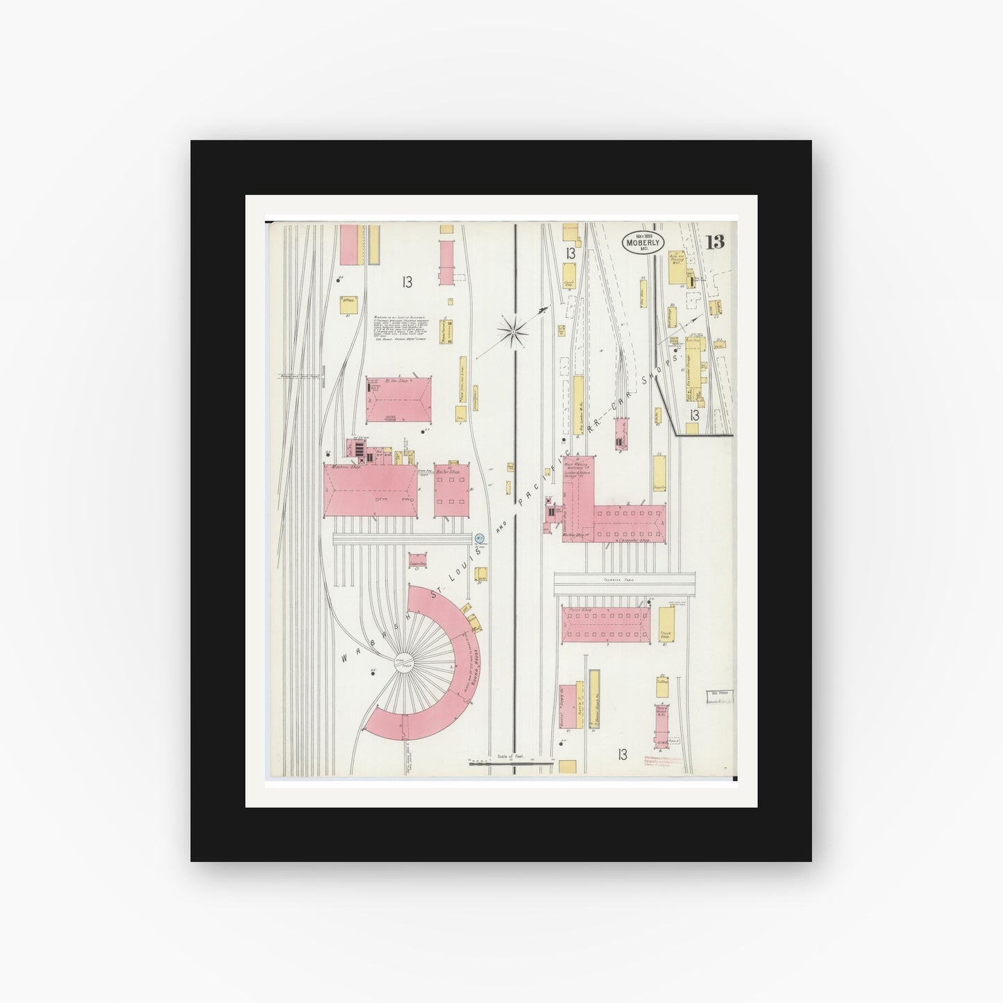 Old map wall art mockup — black gallery frame with white mat — Sanborn Fire Insurance Map from Moberly, Randolph County, Missouri (1899), Sheet #0013