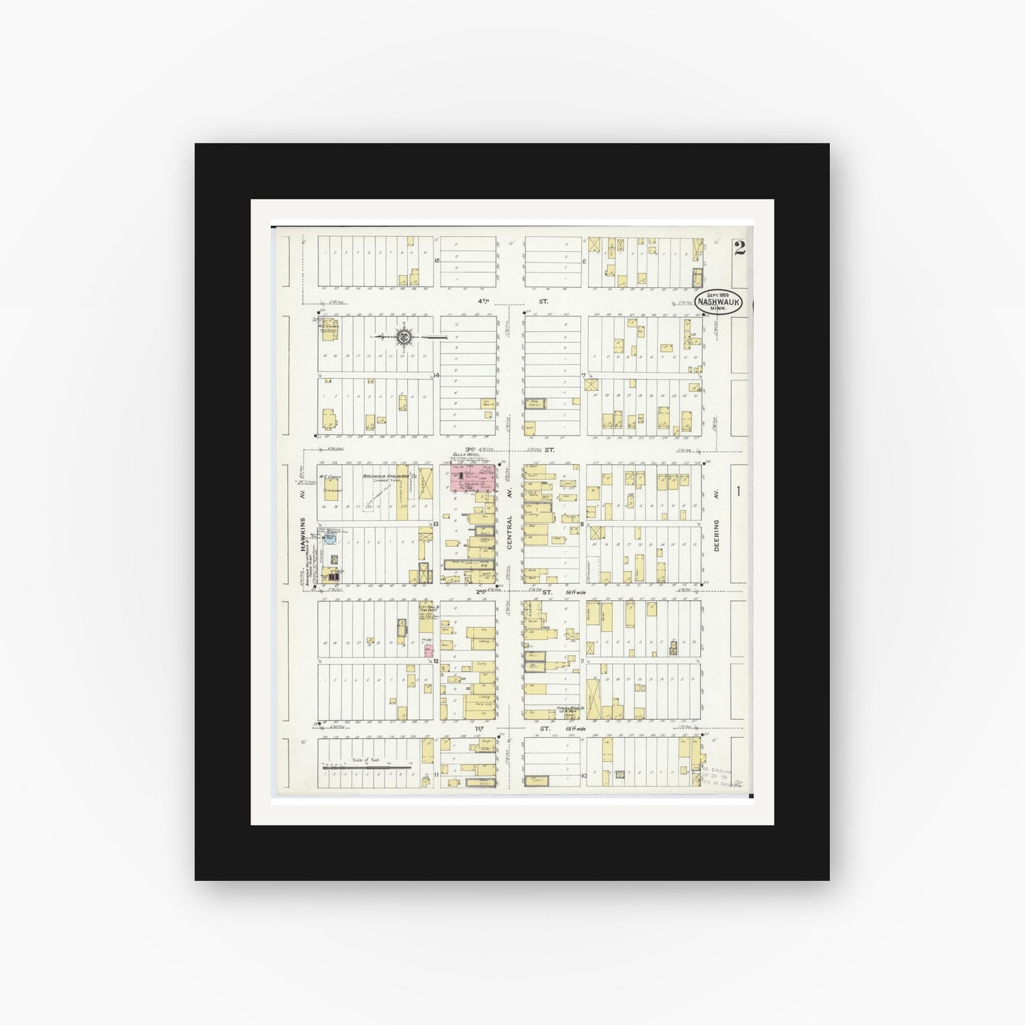 Old map wall art mockup — black gallery frame with white mat — Sanborn Fire Insurance Map from Nashwauk, Itasca County, Minnesota (1909), Sheet #0002