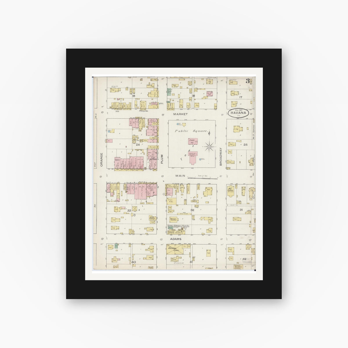 Old map wall art mockup — black gallery frame with white mat — Sanborn Fire Insurance Map from Havana, Mason County, Illinois (1887), Sheet #0003