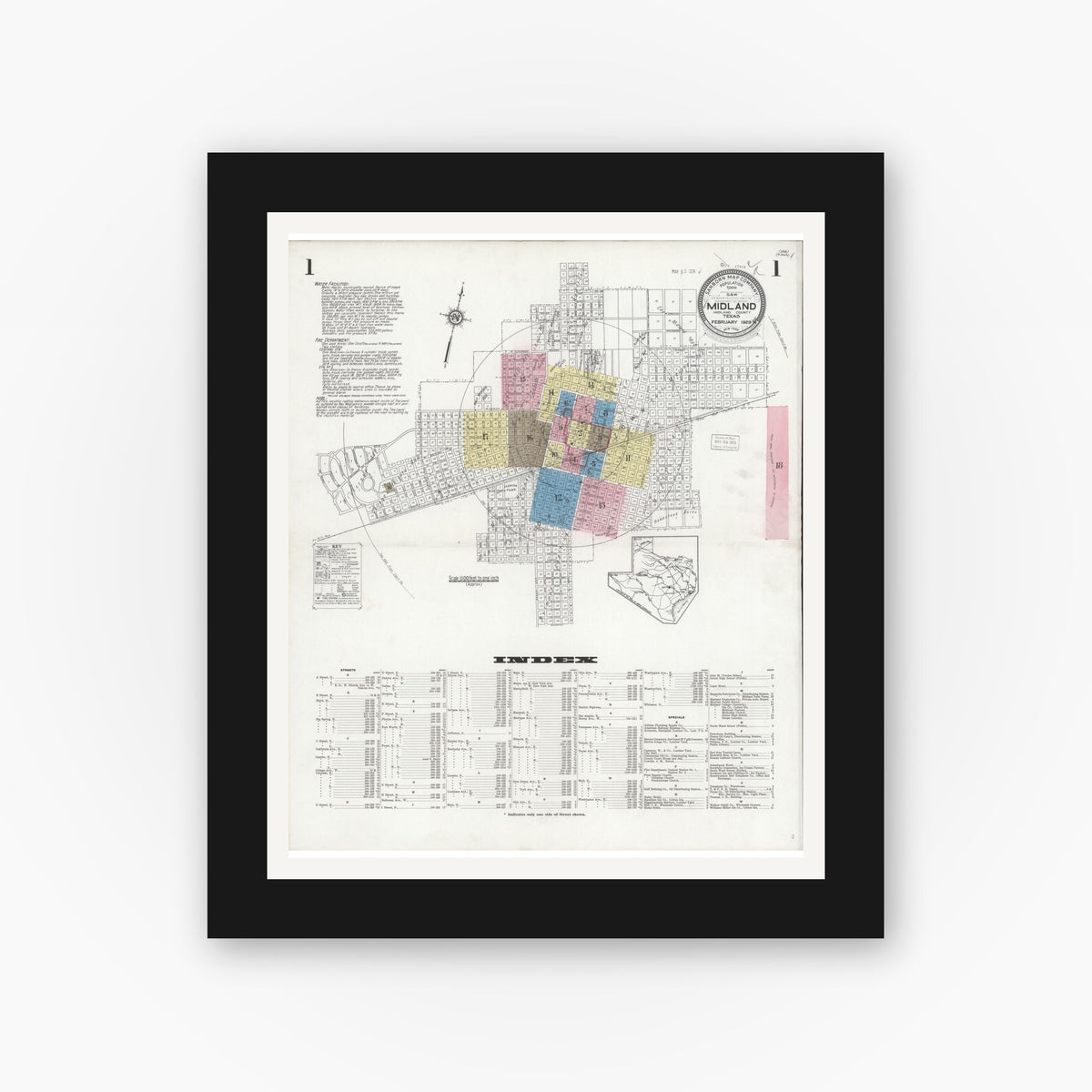 Old map wall art mockup — black gallery frame with white mat — Sanborn Fire Insurance Map from Midland, Midland County, Texas (1929), Sheet #0001