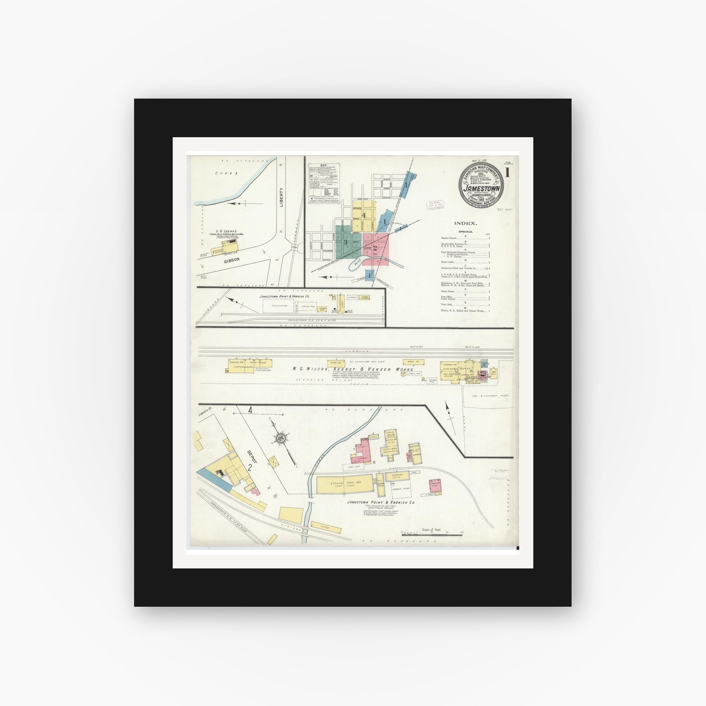 Old map wall art mockup — black gallery frame with white mat — Sanborn Fire Insurance Map from Jamestown, Mercer County, Pennsylvania (1912) - Complete Map Set
