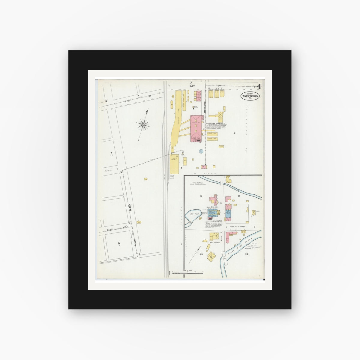 Old map wall art mockup — black gallery frame with white mat — Sanborn Fire Insurance Map from Watsontown, Northumberland County, Pennsylvania (1901), Sheet #0004