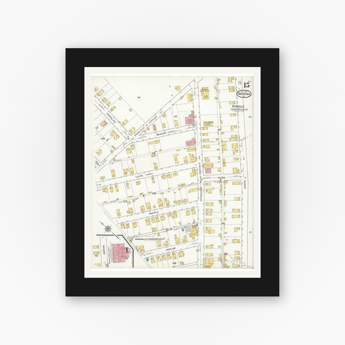 Old map wall art mockup β black gallery frame with white mat β Sanborn Fire Insurance Map from Natrona, Allegheny County, Pennsylvania (1921), Sheet #0015