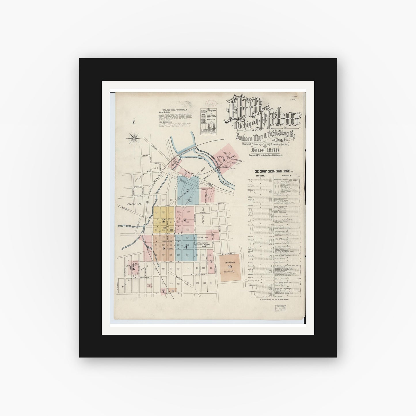 Old map wall art mockup — black gallery frame with white mat — Sanborn Fire Insurance Map from Ann Arbor, Washtenaw County, Michigan (1888) - Complete Map Set