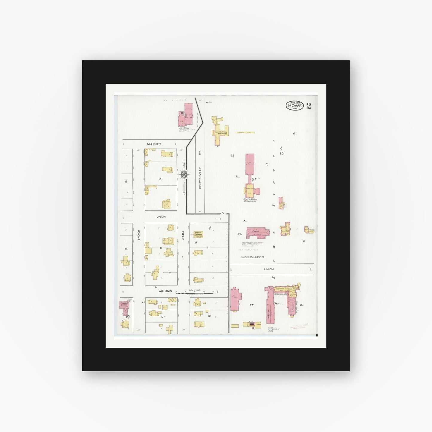 Old map wall art mockup — black gallery frame with white mat — Sanborn Fire Insurance Map from Howe, LaGrange County, Indiana (1917), Sheet #0002