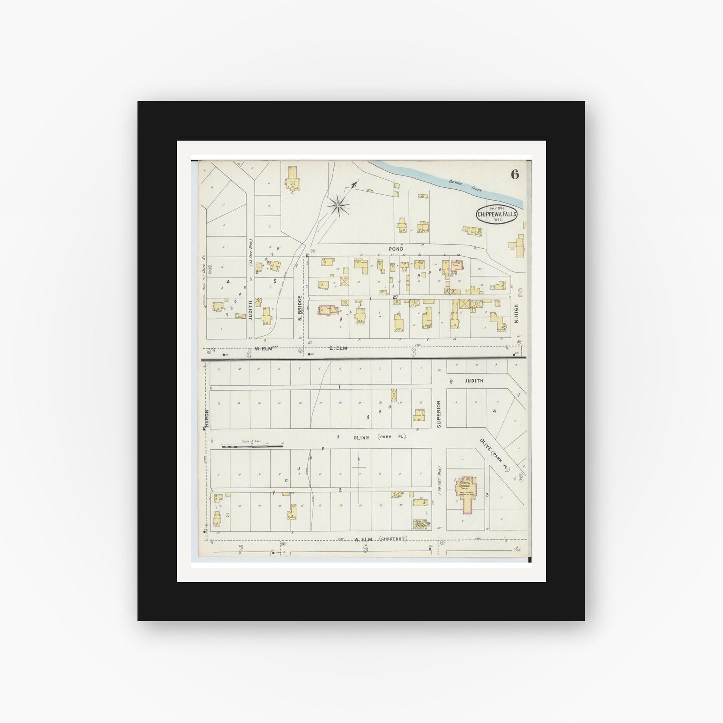 Old map wall art mockup — black gallery frame with white mat — Sanborn Fire Insurance Map from Chippewa Falls, Chippewa County, Wisconsin (1895), Sheet #0006