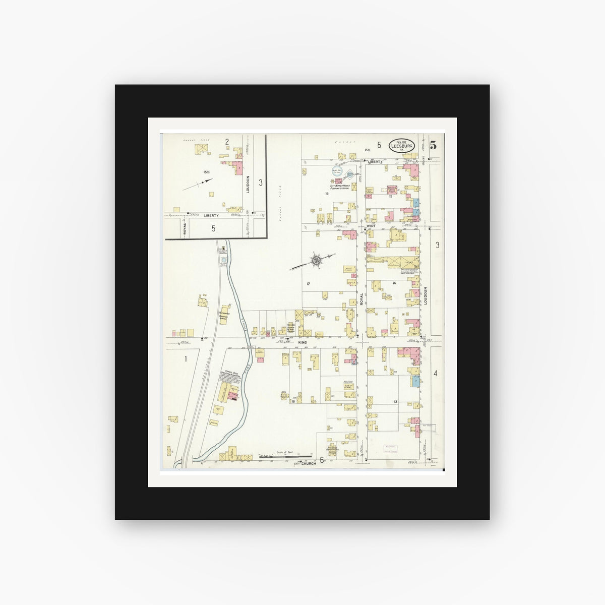 Old map wall art mockup — black gallery frame with white mat — Sanborn Fire Insurance Map from Leesburg, Loudoun County, Virginia (1912), Sheet #0005