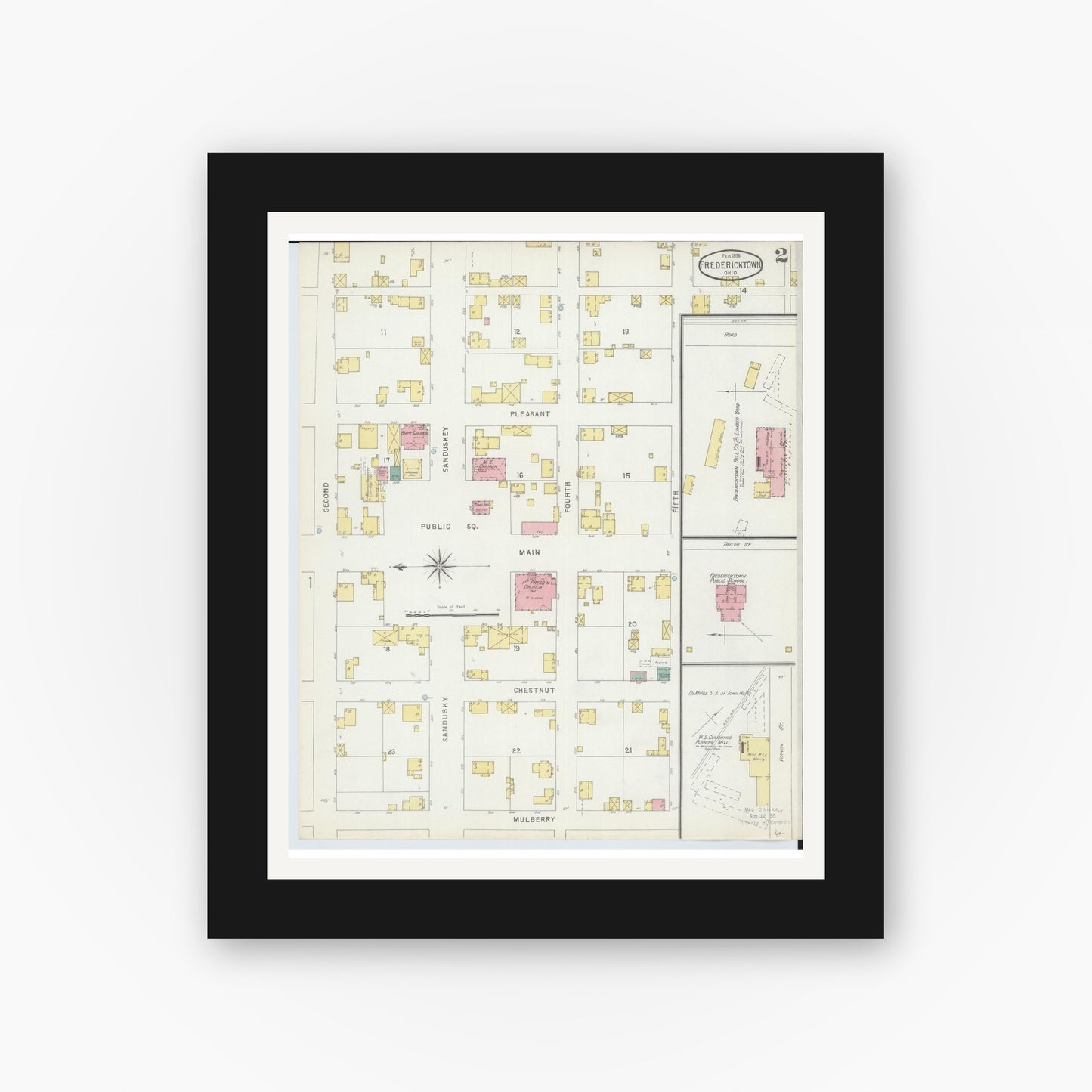 Old map wall art mockup — black gallery frame with white mat — Sanborn Fire Insurance Map from Fredericktown, Knox County, Ohio (1896), Sheet #0002