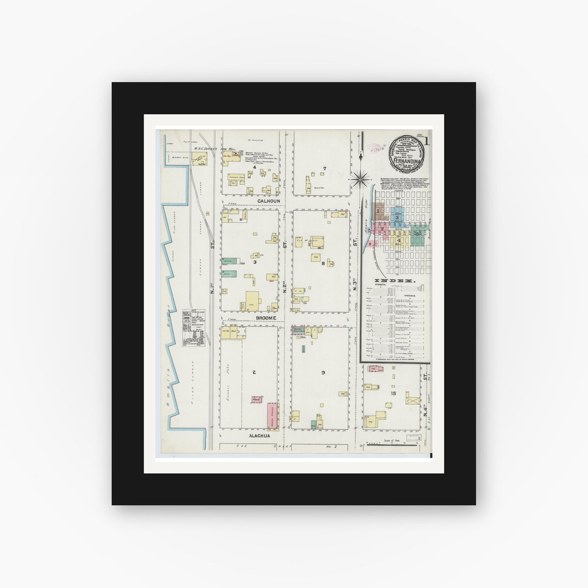 Old map wall art mockup — black gallery frame with white mat — Sanborn Fire Insurance Map from Fernandina, Nassau County, Florida (1891) - Complete Map Set
