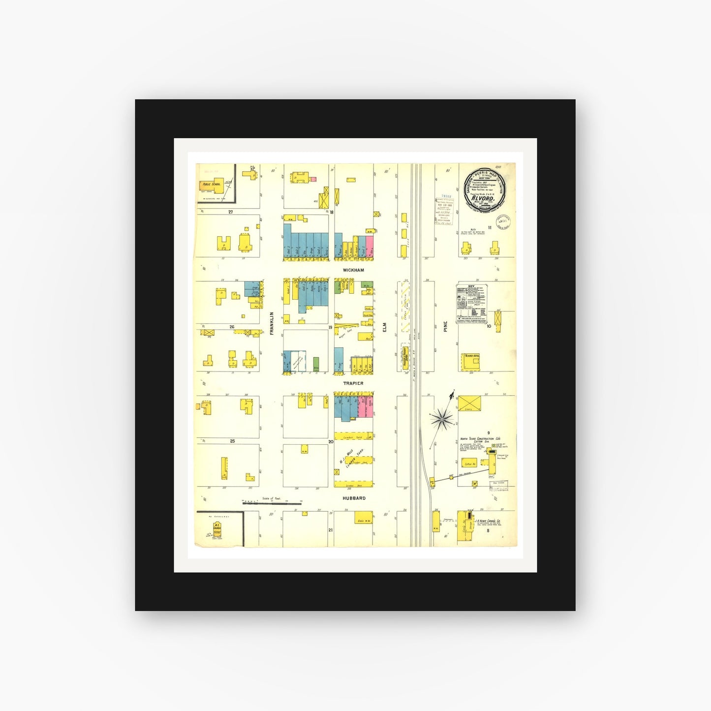 Old map wall art mockup — black gallery frame with white mat — Sanborn Fire Insurance Map from Alvord, Wise County, Texas (1900), Sheet #0001
