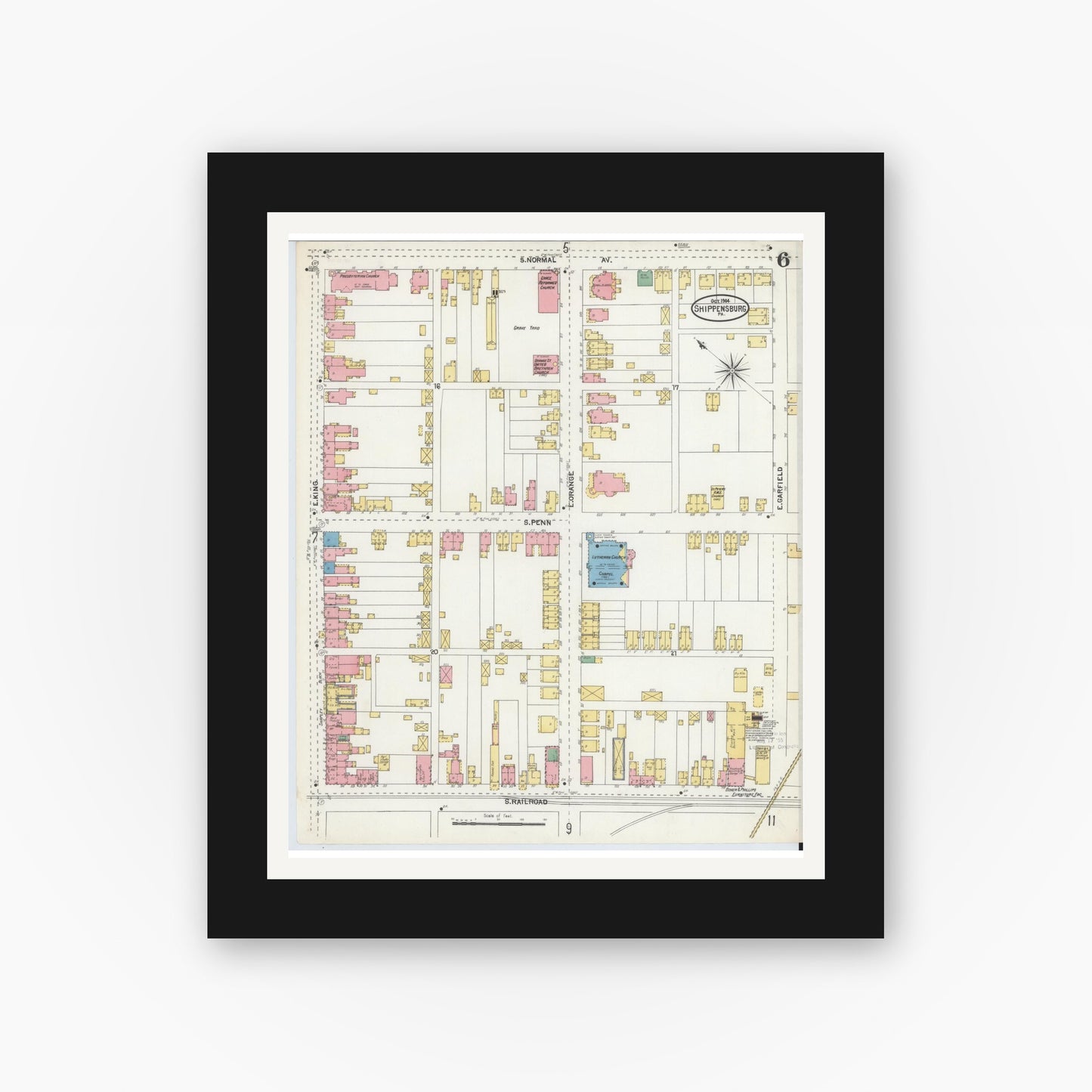 Old map wall art mockup — black gallery frame with white mat — Sanborn Fire Insurance Map from Shippensburg, Cumberland And Franklin Counties, Pennsylvania (1904), Sheet #0006