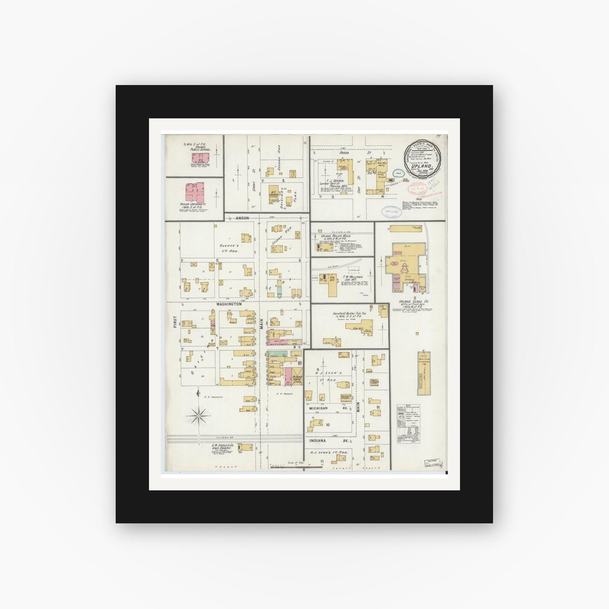 Old map wall art mockup — black gallery frame with white mat — Sanborn Fire Insurance Map from Upland, Grant County, Indiana (1898), Sheet #0001