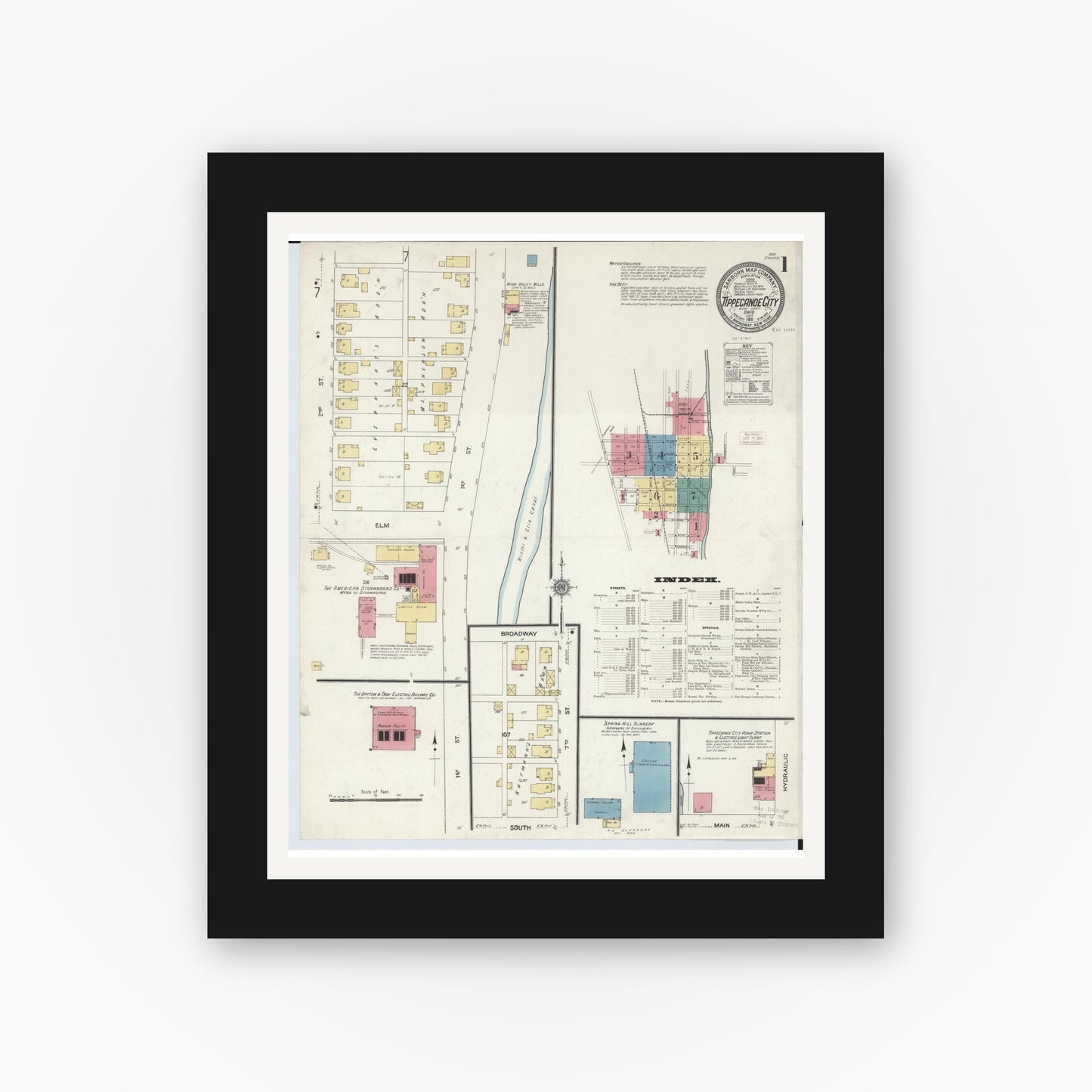 Old map wall art mockup — black gallery frame with white mat — Sanborn Fire Insurance Map from Tipp City, Miami County, Ohio (1911), Sheet #0001