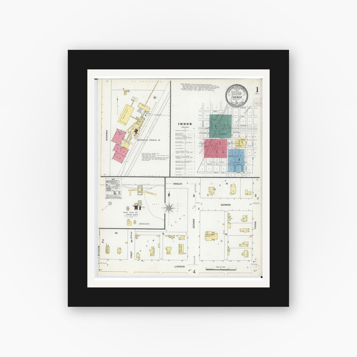 Old map wall art mockup — black gallery frame with white mat — Sanborn Fire Insurance Map from Chenoa, McLean County, Illinois (1907), Sheet #0001