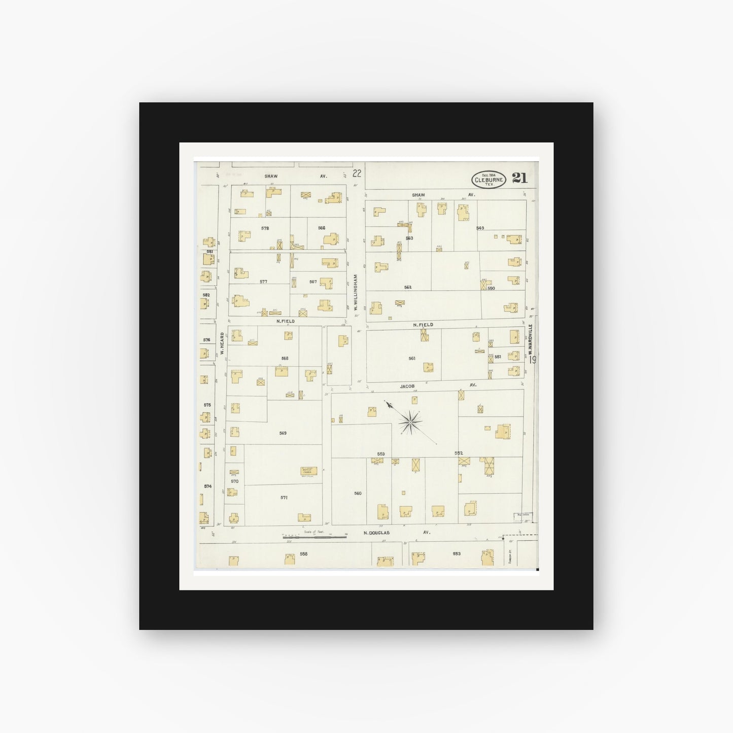 Old map wall art mockup — black gallery frame with white mat — Sanborn Fire Insurance Map from Cleburne, Johnson County, Texas (1904), Sheet #0021