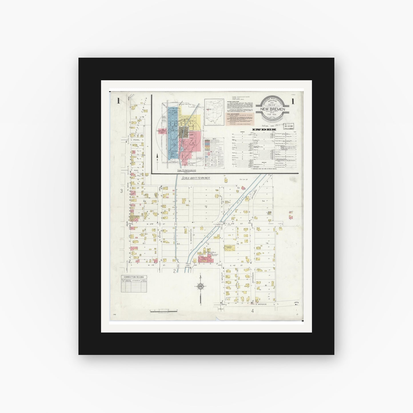 Old map wall art mockup — black gallery frame with white mat — Sanborn Fire Insurance Map from New Bremen, Auglaize County, Ohio (1933), Sheet #0001