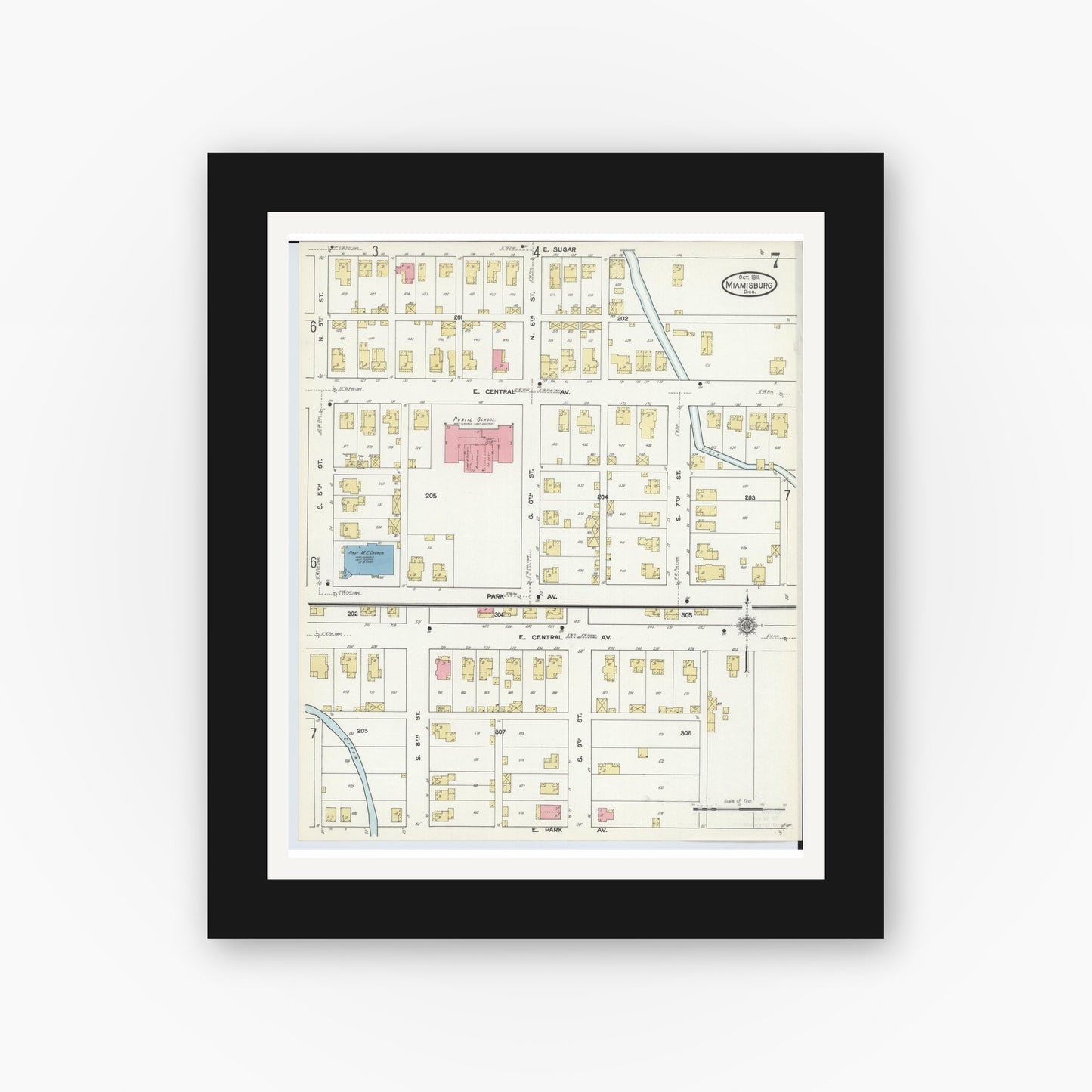 Old map wall art mockup — black gallery frame with white mat — Sanborn Fire Insurance Map from Miamisburg, Montgomery County, Ohio (1911), Sheet #0007