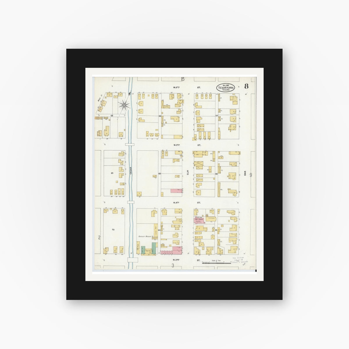 Old map wall art mockup — black gallery frame with white mat — Sanborn Fire Insurance Map from Texarkana, Bowie County, Texas (1905), Sheet #0008