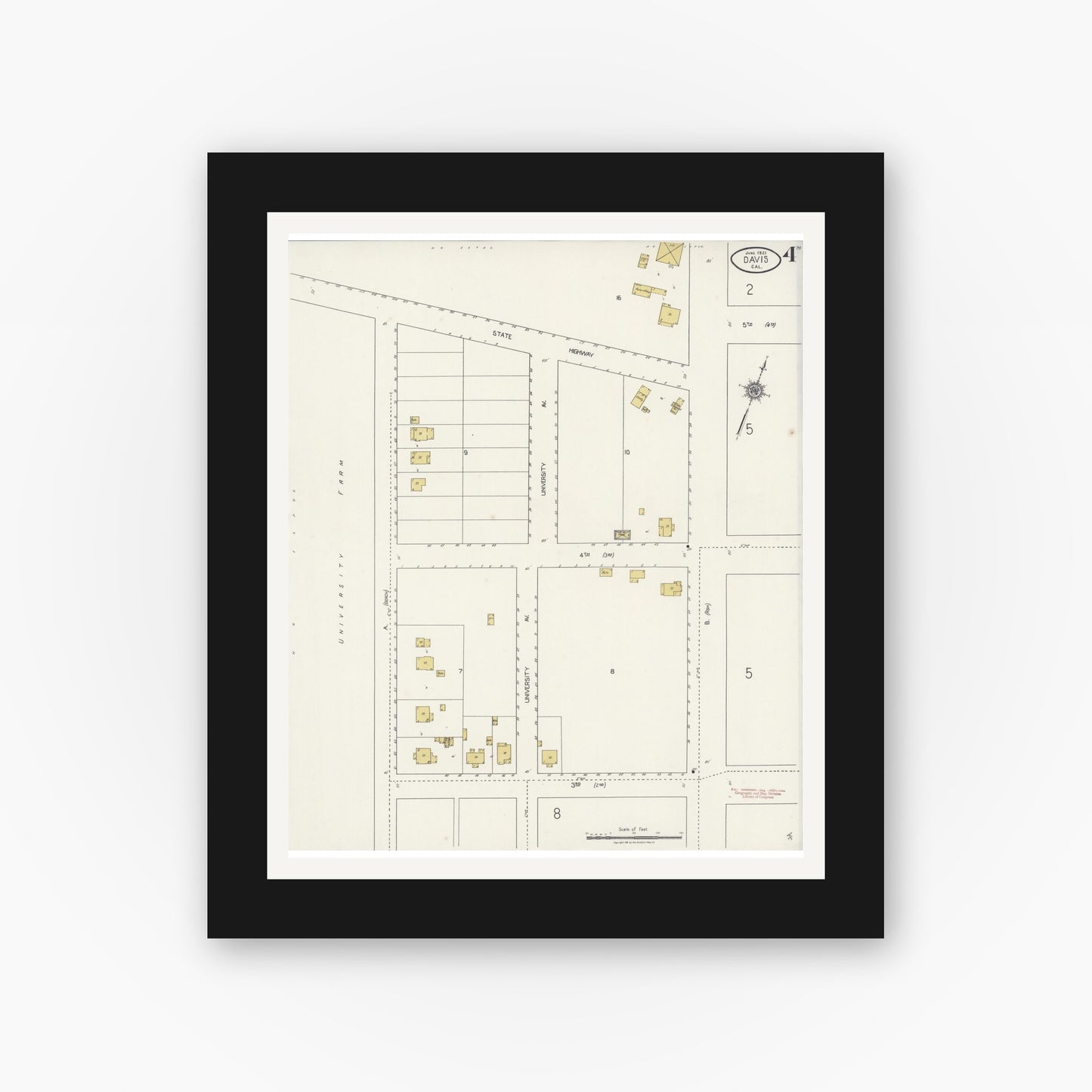 Old map wall art mockup — black gallery frame with white mat — Sanborn Fire Insurance Map from Davis, Yolo County, California (1921), Sheet #0004