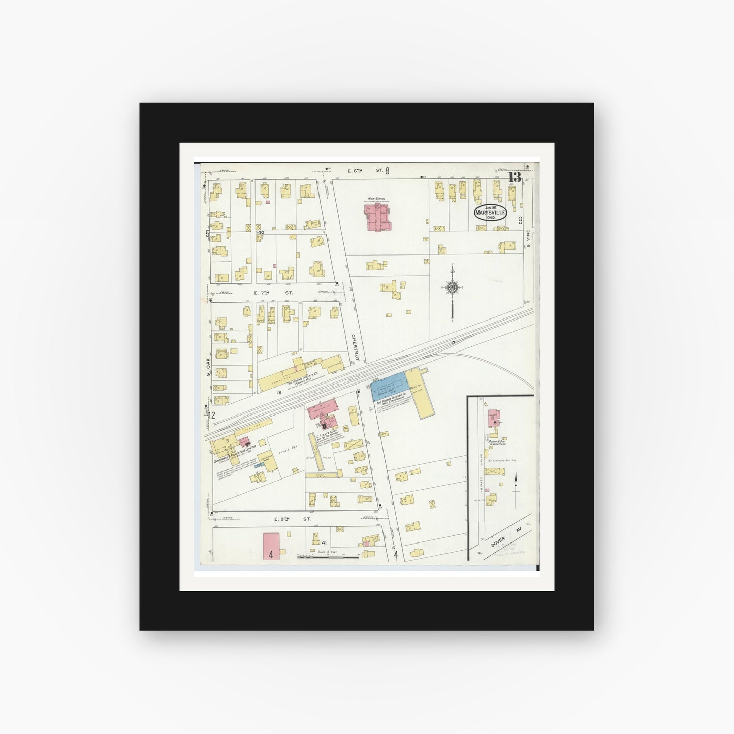 Old map wall art mockup — black gallery frame with white mat — Sanborn Fire Insurance Map from Marysville, Union County, Ohio (1916), Sheet #0013