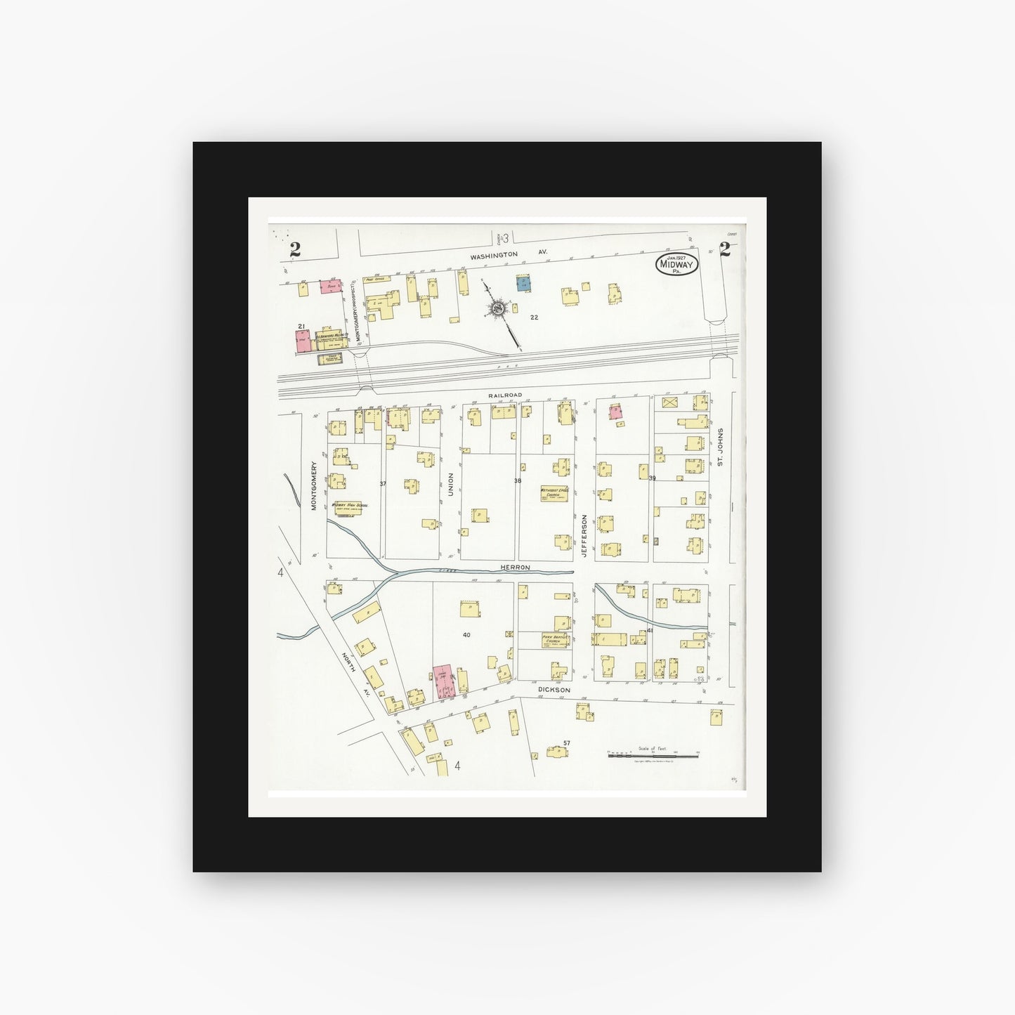 Old map wall art mockup — black gallery frame with white mat — Sanborn Fire Insurance Map from Midway, Washington County, Pennsylvania (1927), Sheet #0002