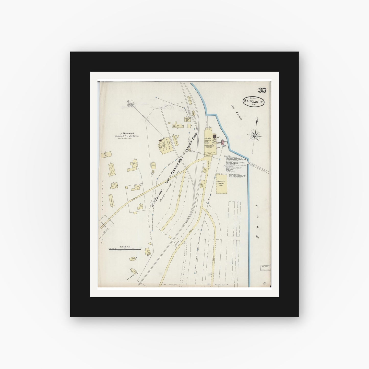Old map wall art mockup — black gallery frame with white mat — Sanborn Fire Insurance Map from Eau Claire, Eau Claire County, Wisconsin (1889), Sheet #0035