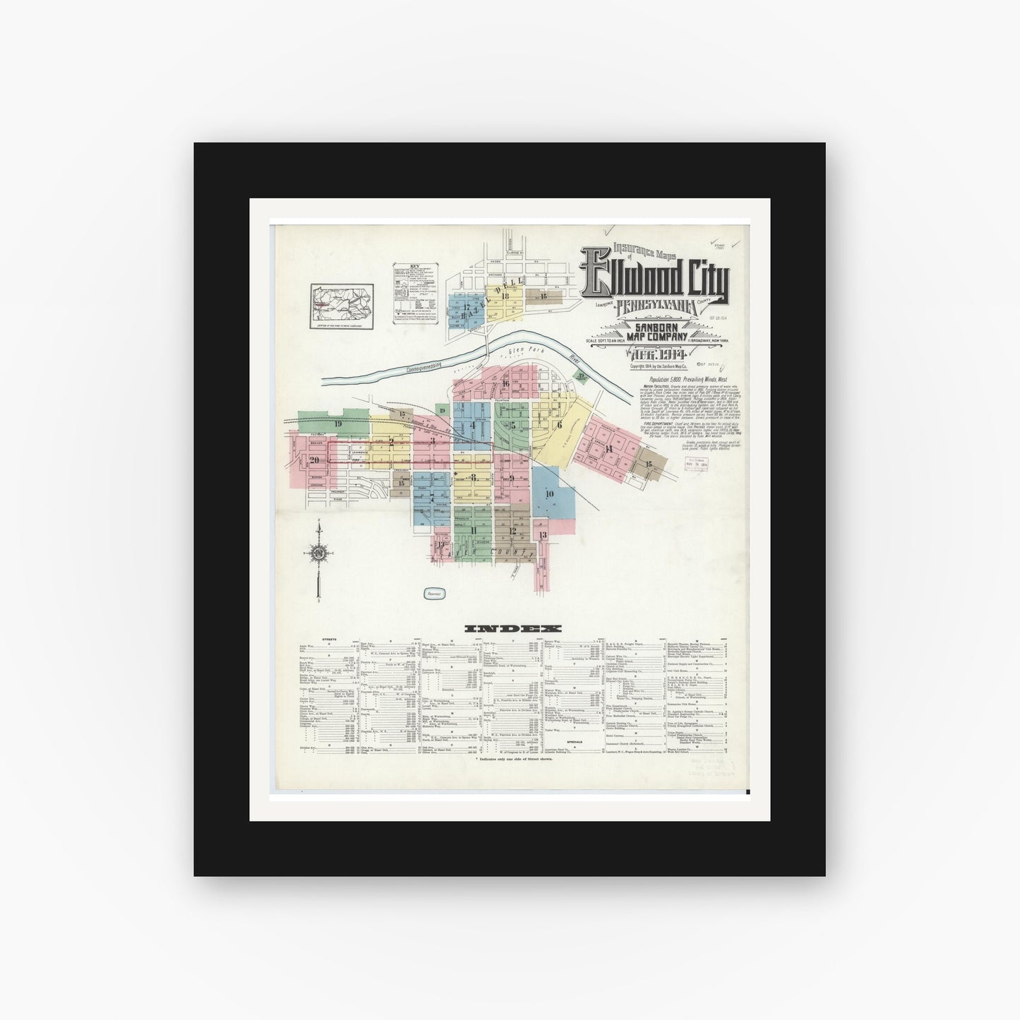 Old map wall art mockup — black gallery frame with white mat — Sanborn Fire Insurance Map from Ellwood City, Lawrence County, Pennsylvania (1914), Sheet #0001