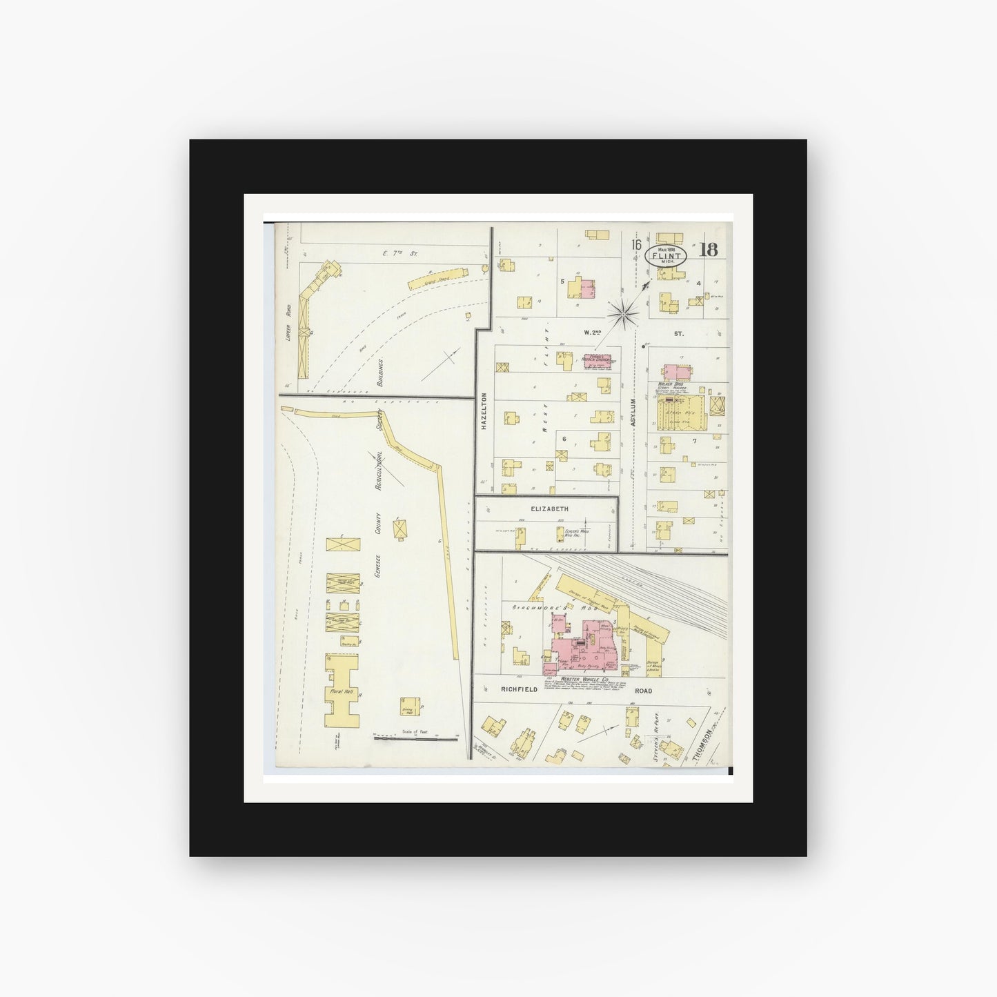 Old map wall art mockup — black gallery frame with white mat — Sanborn Fire Insurance Map from Flint, Genesee County, Michigan (1898), Sheet #0018