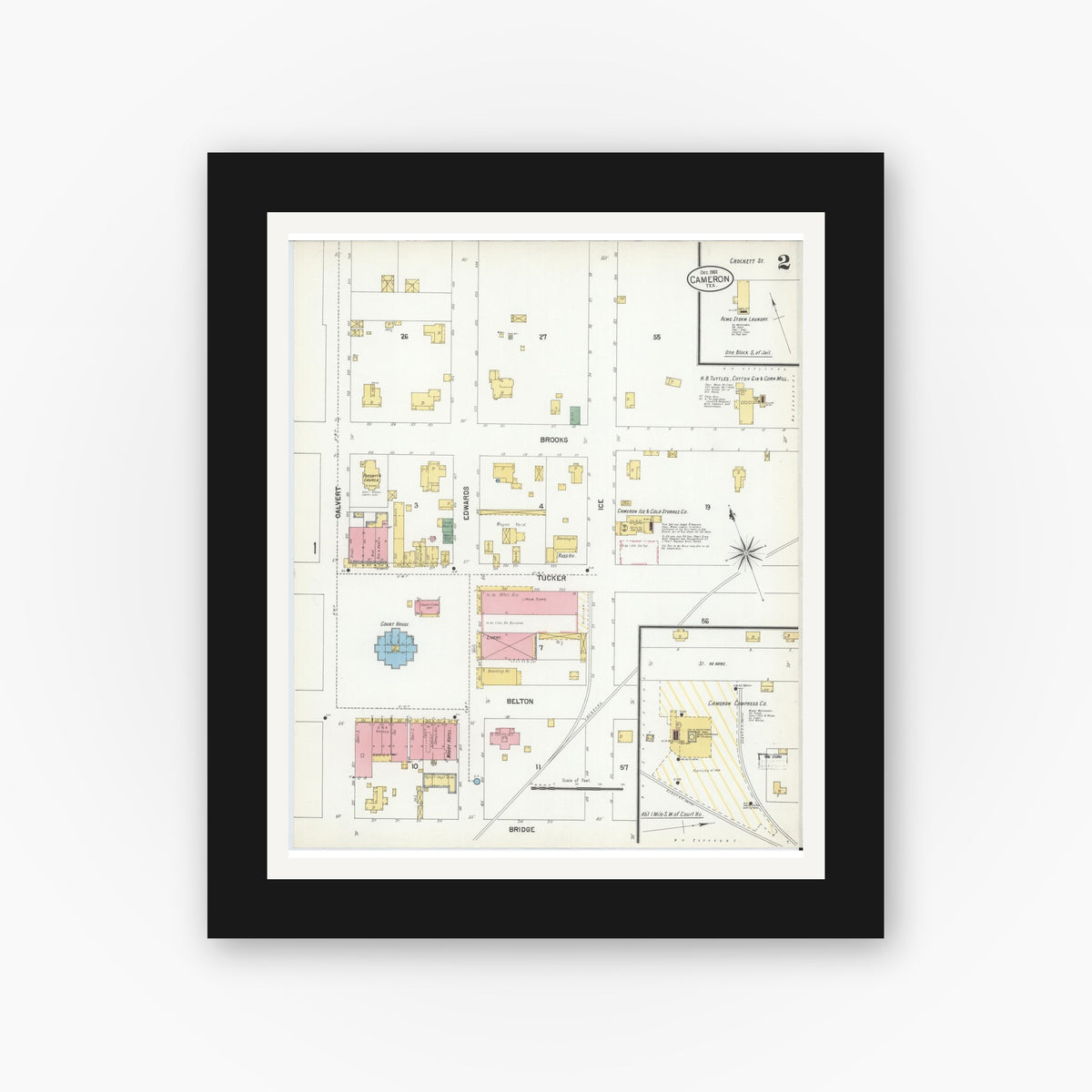 Old map wall art mockup — black gallery frame with white mat — Sanborn Fire Insurance Map from Cameron, Milam County, Texas (1901), Sheet #0002