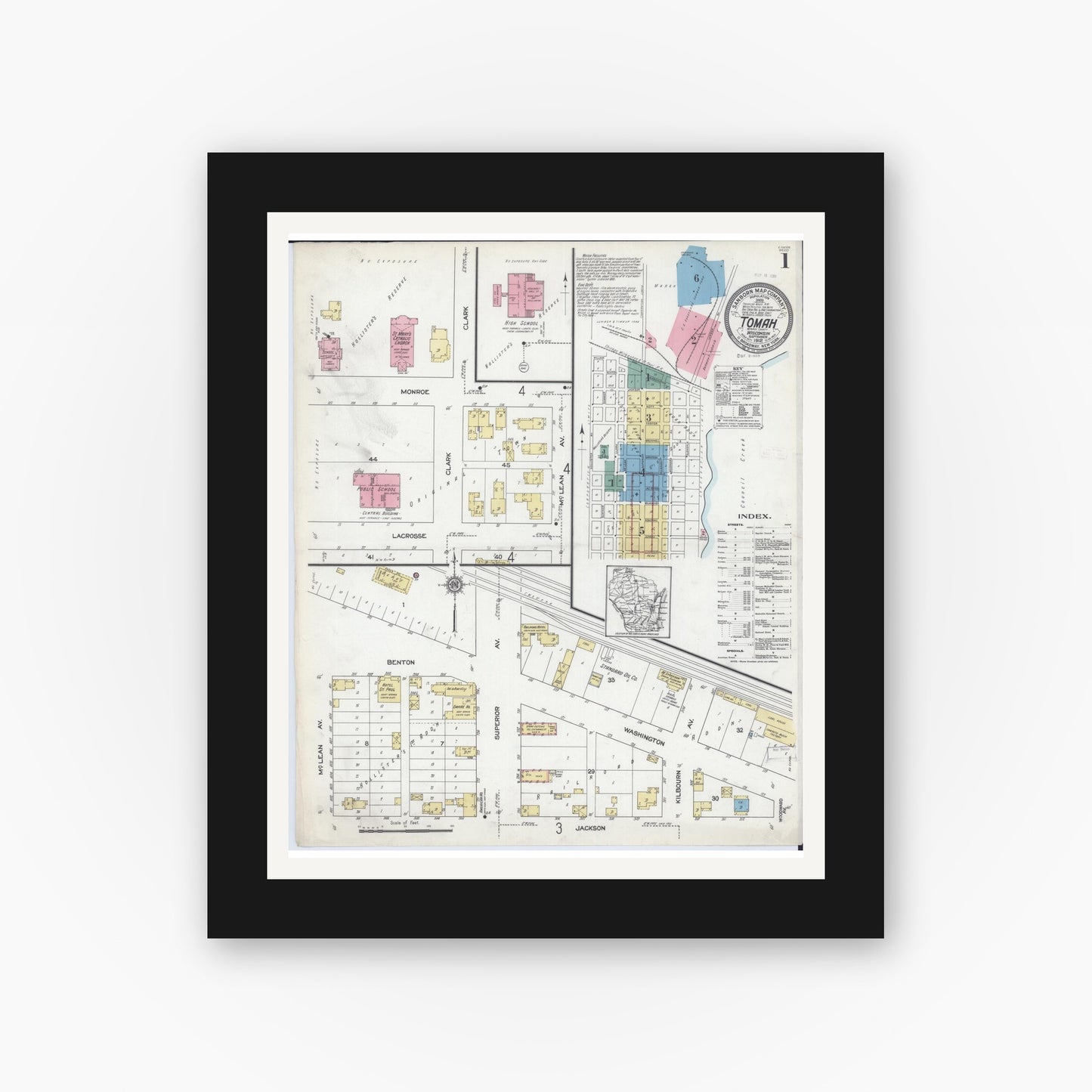 Old map wall art mockup — black gallery frame with white mat — Sanborn Fire Insurance Map from Tomah, Monroe County, Wisconsin (1912), Sheet #0001