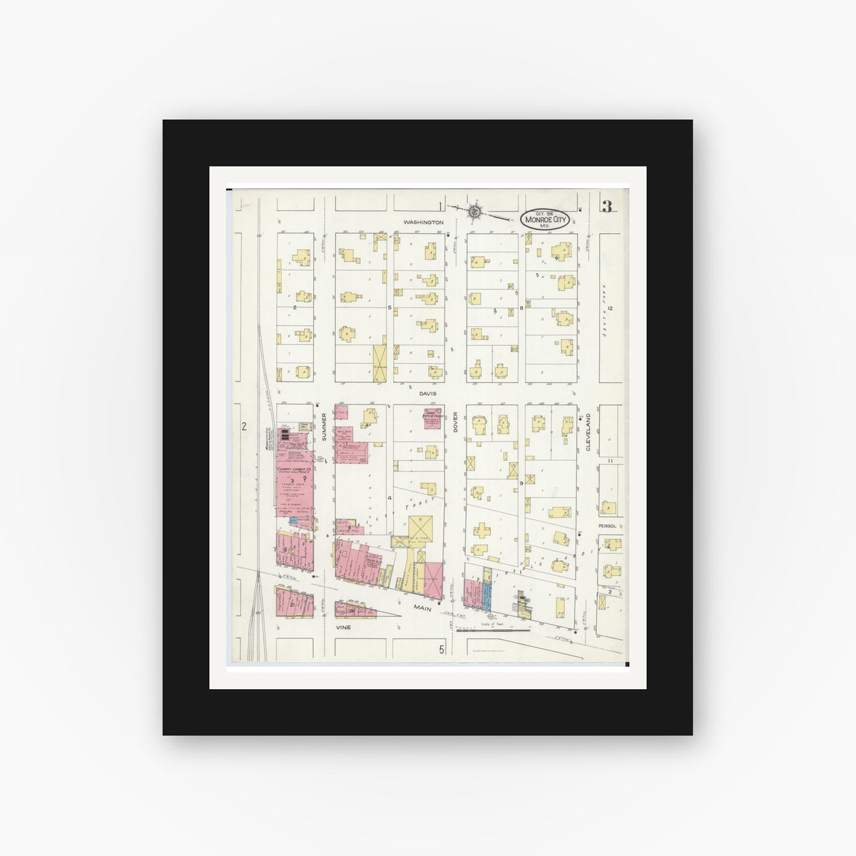 Old map wall art mockup β black gallery frame with white mat β Sanborn Fire Insurance Map from Monroe City, Monroe County, Missouri (1916), Sheet #0003