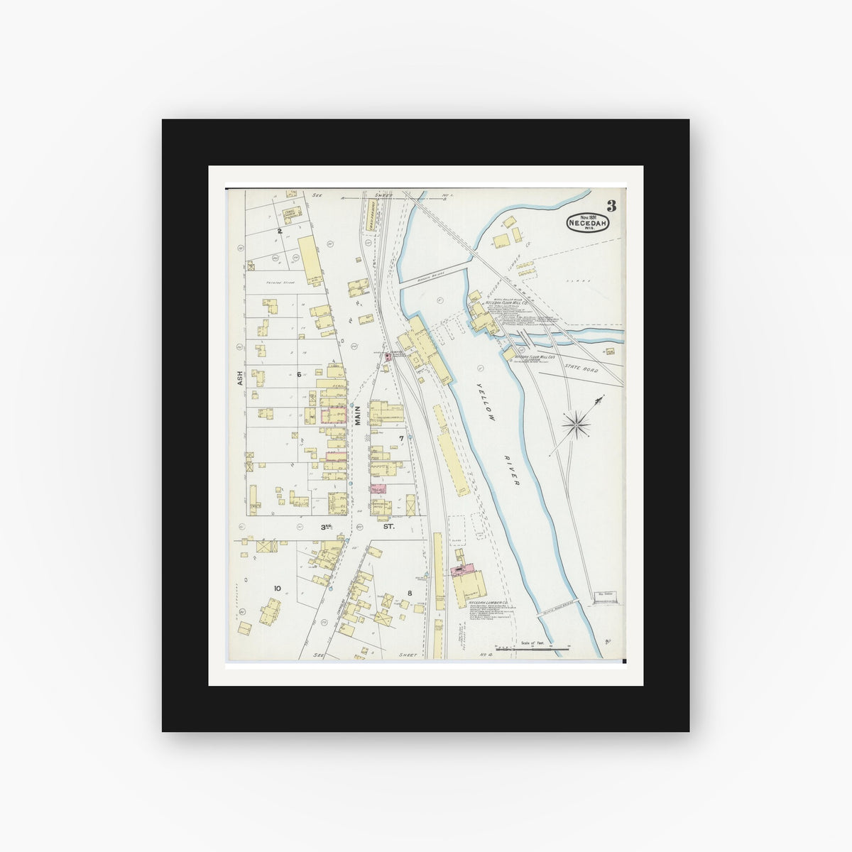 Old map wall art mockup — black gallery frame with white mat — Sanborn Fire Insurance Map from Necedah, Juneau County, Wisconsin (1891), Sheet #0003