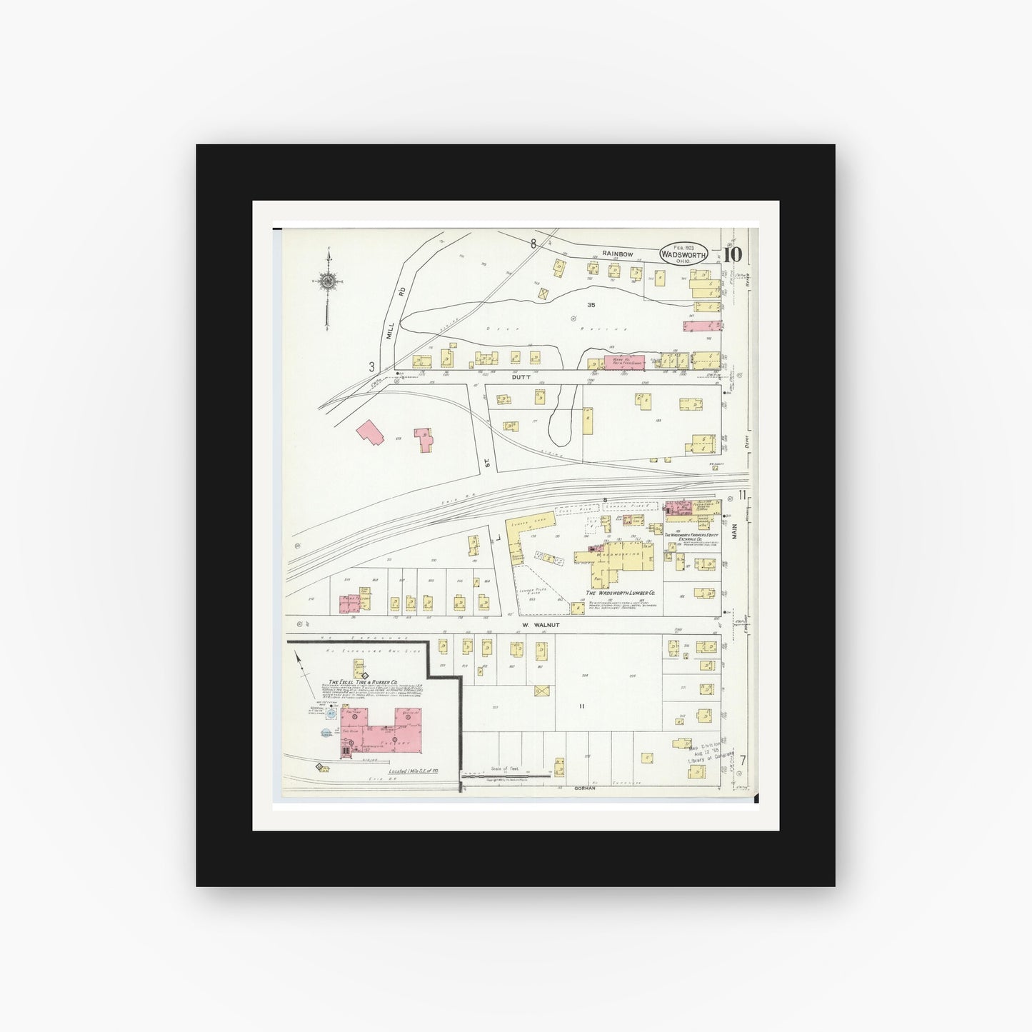 Old map wall art mockup — black gallery frame with white mat — Sanborn Fire Insurance Map from Wadsworth, Medina County, Ohio (1923), Sheet #0010
