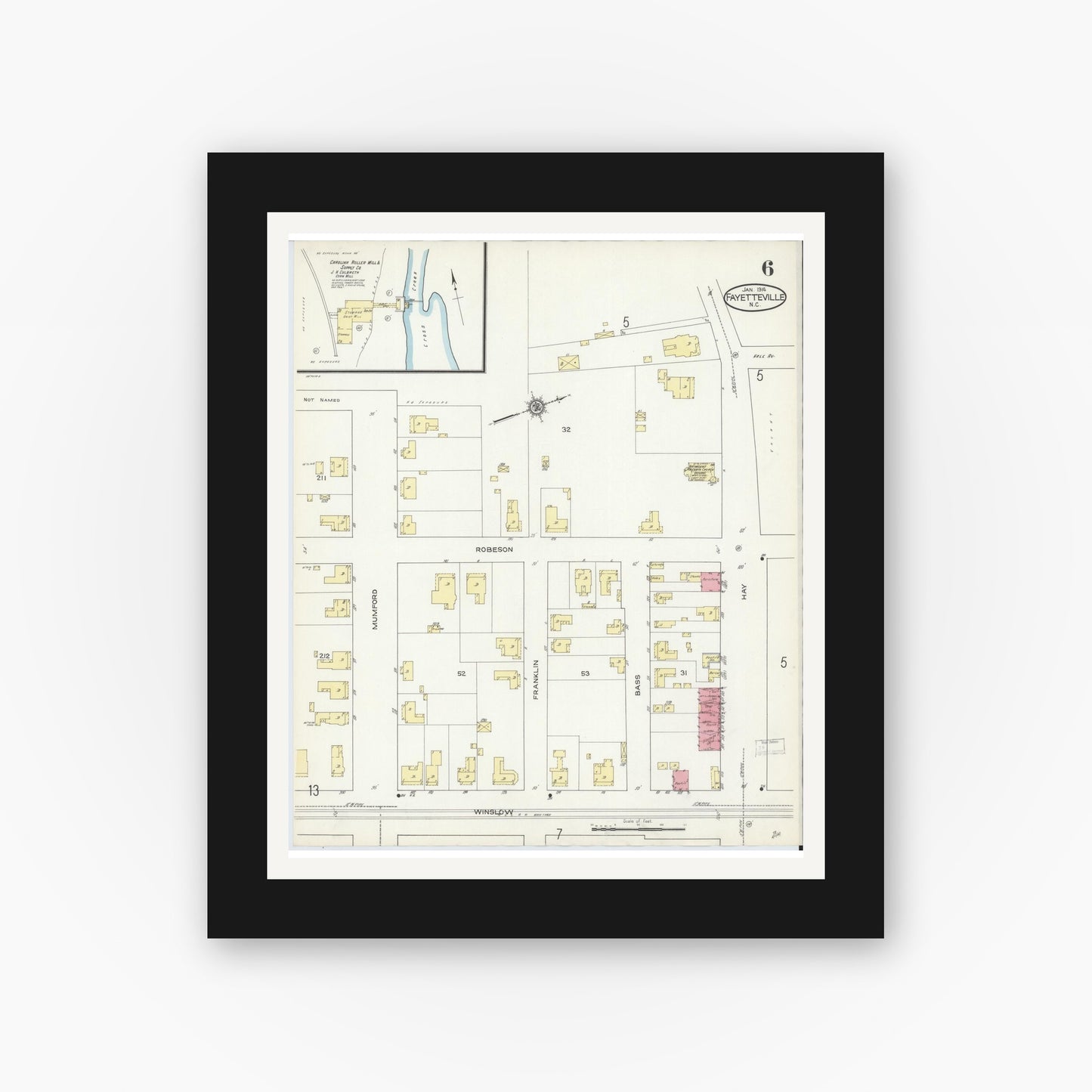 Old map wall art mockup — black gallery frame with white mat — Sanborn Fire Insurance Map from Fayetteville, Cumberland County, North Carolina (1914), Sheet #0006