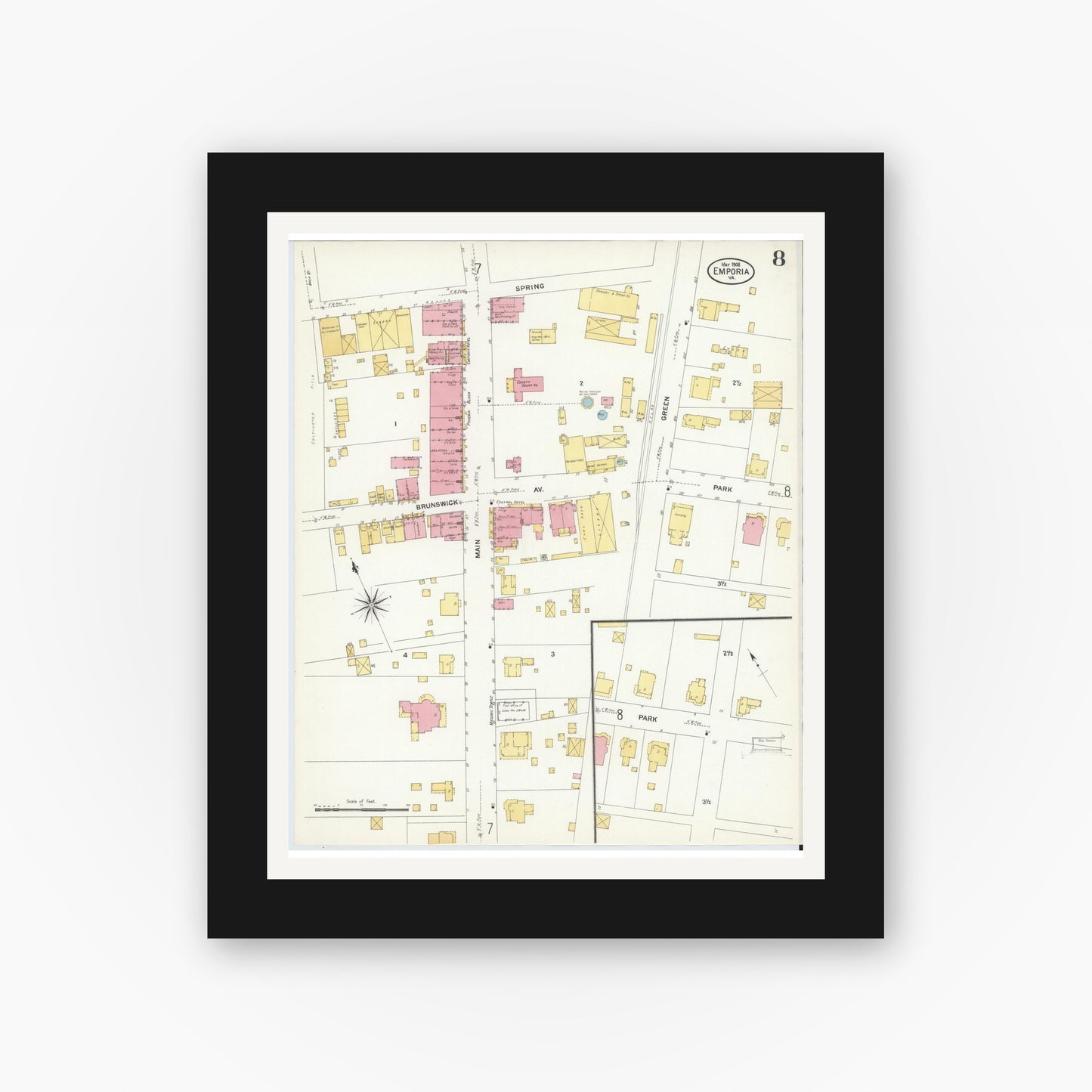 Old map wall art mockup — black gallery frame with white mat — Sanborn Fire Insurance Map from Emporia, Independent Cities, Virginia (1909), Sheet #0008