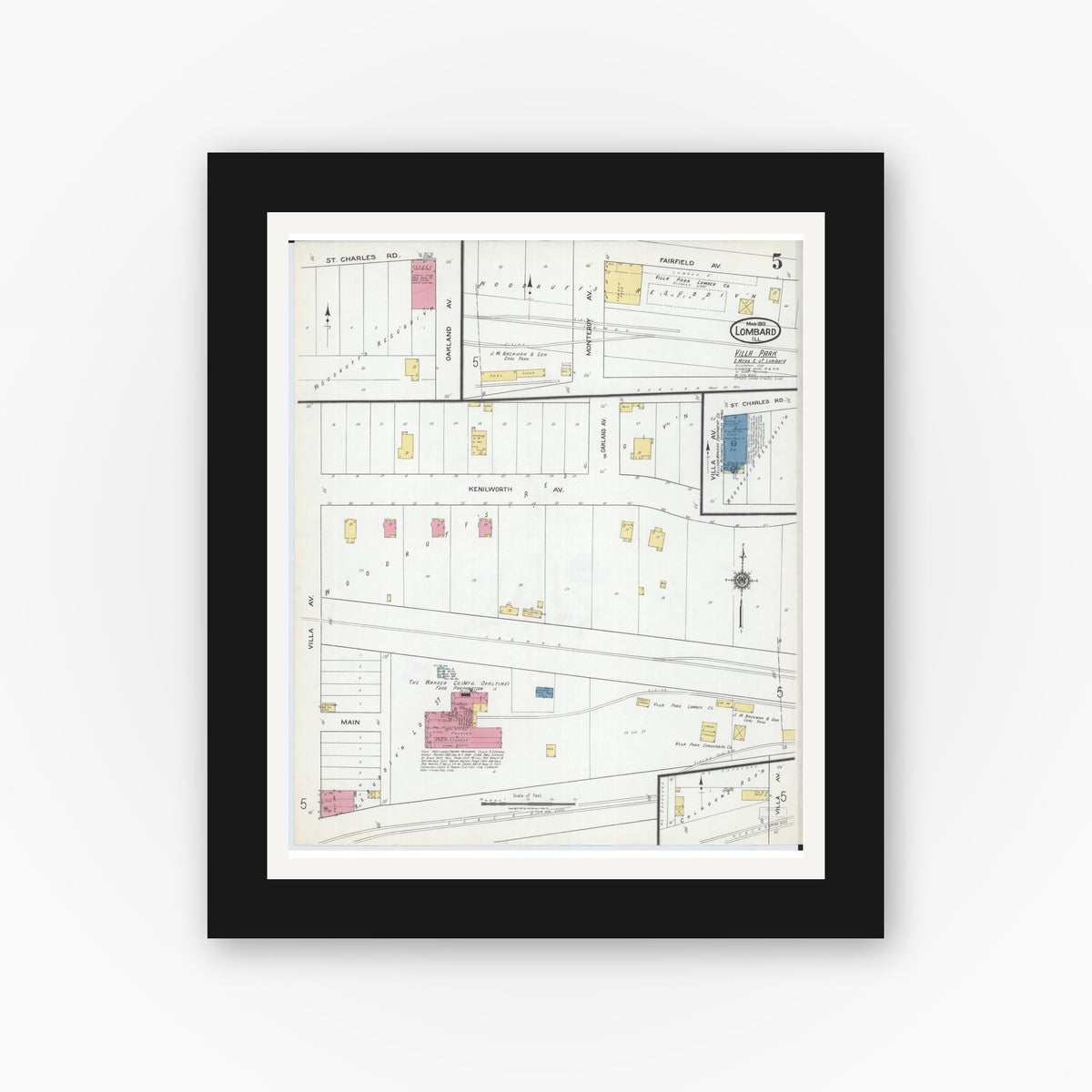 Old map wall art mockup — black gallery frame with white mat — Sanborn Fire Insurance Map from Lombard, Du Page County, Illinois (1919), Sheet #0005
