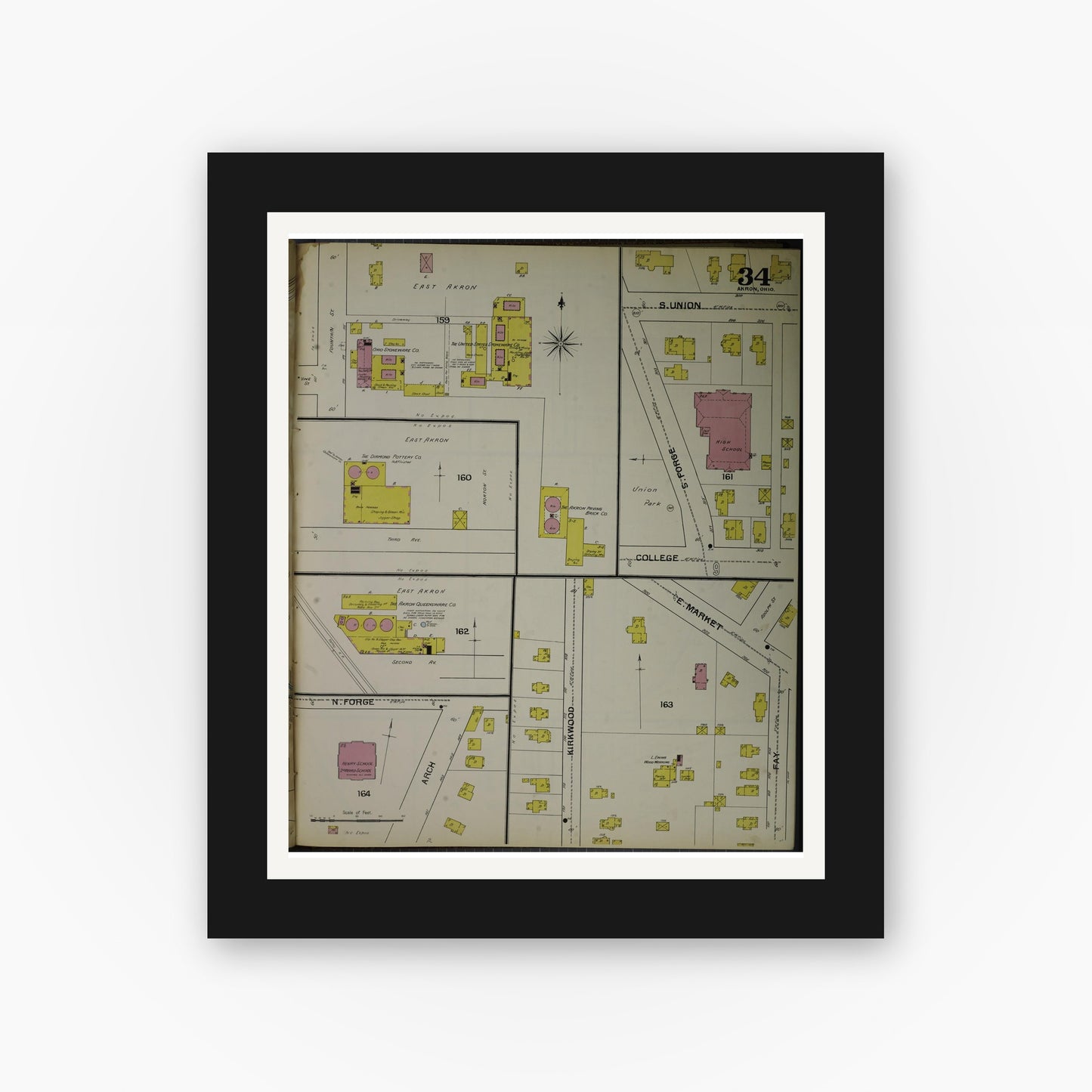 Old map wall art mockup — black gallery frame with white mat — Sanborn Fire Insurance Map from Akron, Summit County, Ohio (1892), Sheet #0034