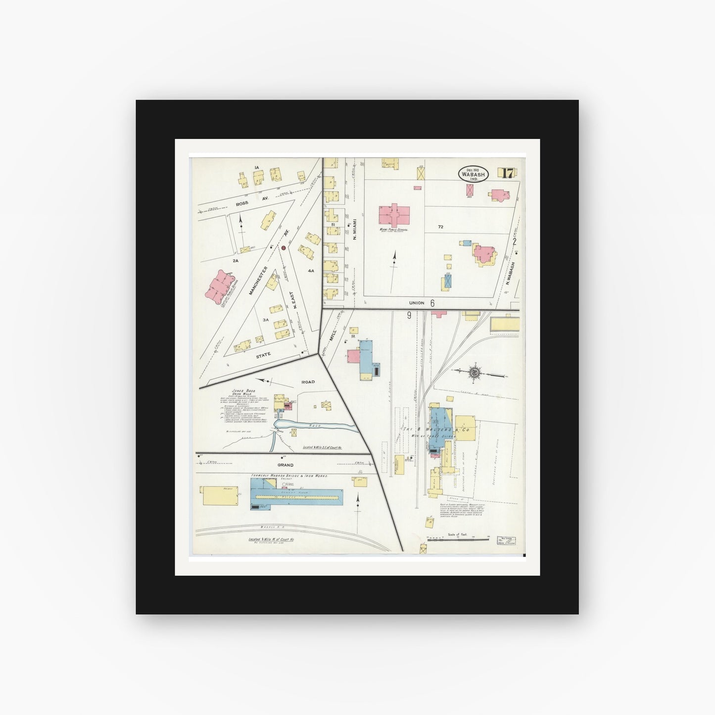 Old map wall art mockup — black gallery frame with white mat — Sanborn Fire Insurance Map from Wabash, Wabash County, Indiana (1910), Sheet #0017