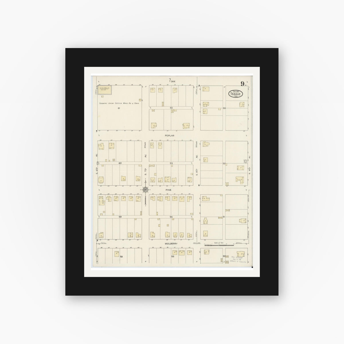 Old map wall art mockup — black gallery frame with white mat — Sanborn Fire Insurance Map from Teague, Freestone County, Texas (1914), Sheet #0009