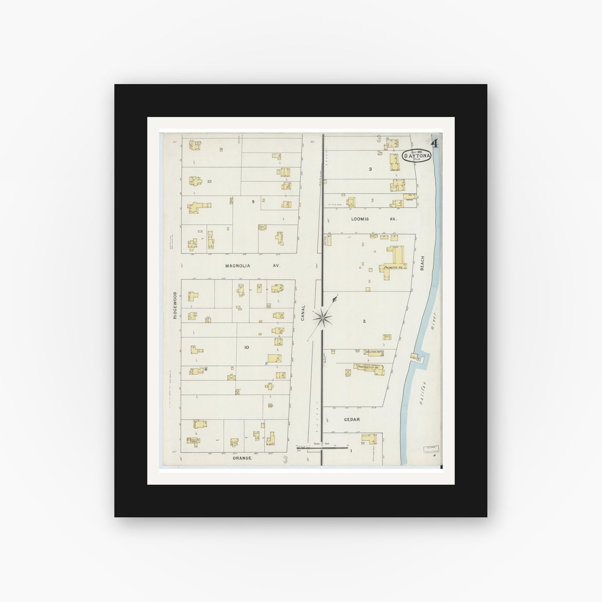 Old map wall art mockup — black gallery frame with white mat — Sanborn Fire Insurance Map from Daytona, Volusia County, Florida (1895), Sheet #0004