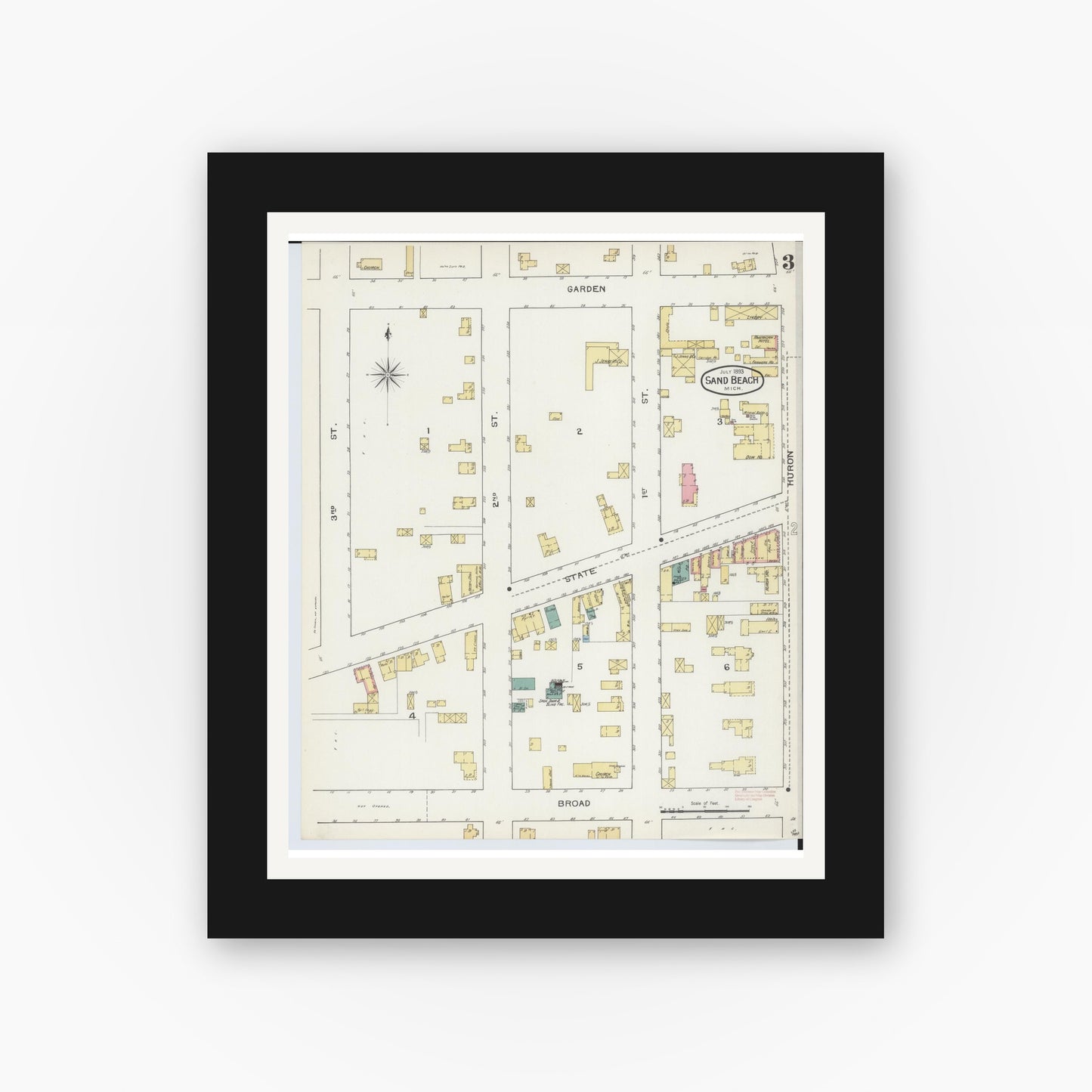 Old map wall art mockup — black gallery frame with white mat — Sanborn Fire Insurance Map from Sand Beach, Huron County, Michigan (1893), Sheet #0003