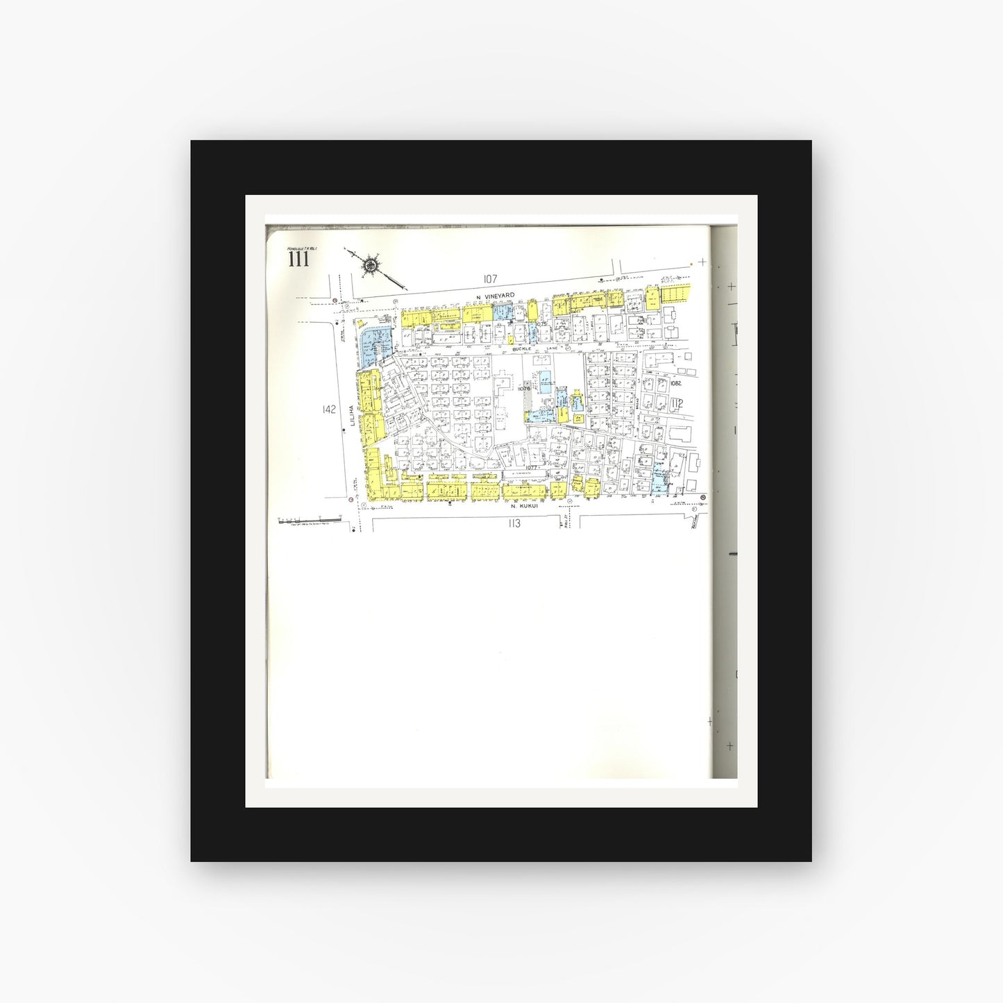 Old map wall art mockup — black gallery frame with white mat — Sanborn Fire Insurance Map from Honolulu, Oahu County, Hawaii (1955), Sheet #0111