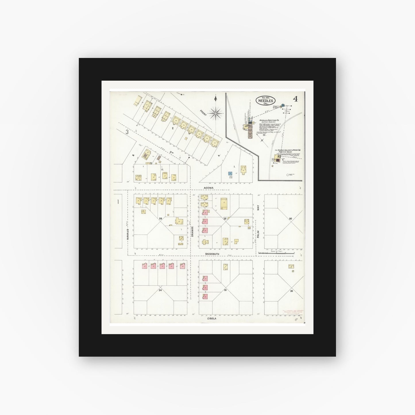 Old map wall art mockup — black gallery frame with white mat — Sanborn Fire Insurance Map from Needles, San Bernardino County, California (1901), Sheet #0004