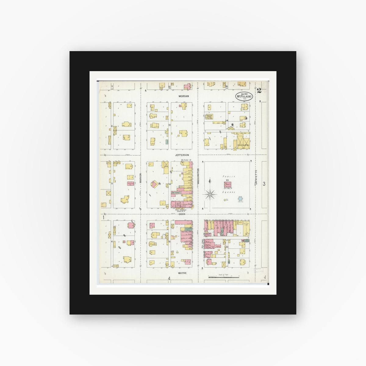 Old map wall art mockup — black gallery frame with white mat — Sanborn Fire Insurance Map from Mount Pulaski, Logan County, Illinois (1900), Sheet #0002