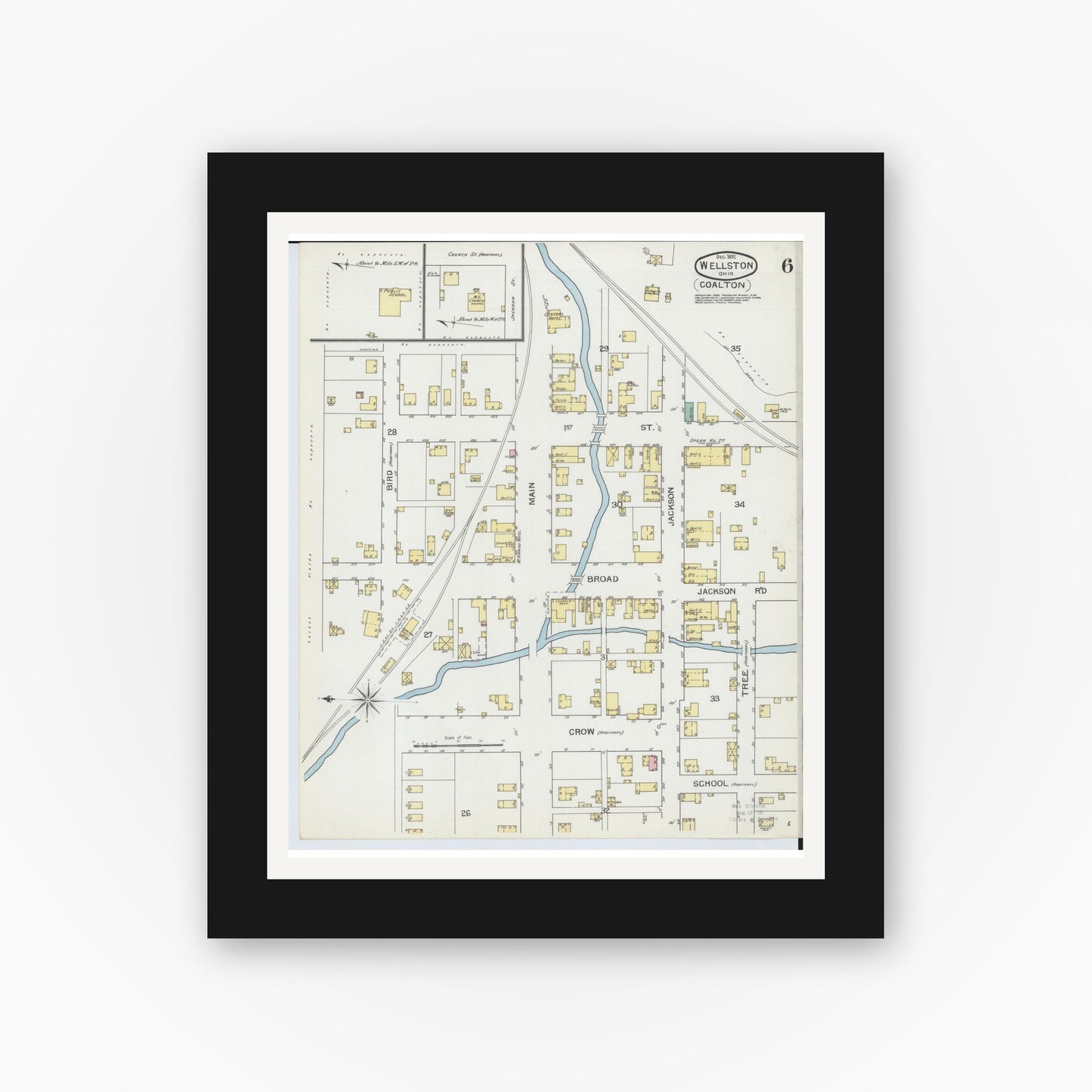 Old map wall art mockup — black gallery frame with white mat — Sanborn Fire Insurance Map from Wellston, Jackson County, Ohio (1892), Sheet #0006