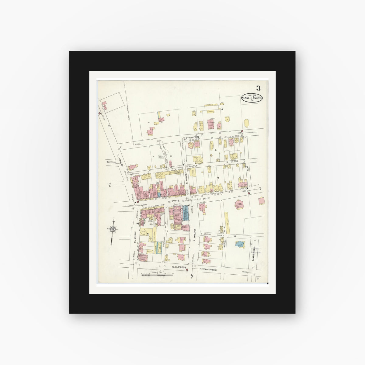 Old map wall art mockup — black gallery frame with white mat — Sanborn Fire Insurance Map from Kennett Square, Chester County, Pennsylvania (1914), Sheet #0003