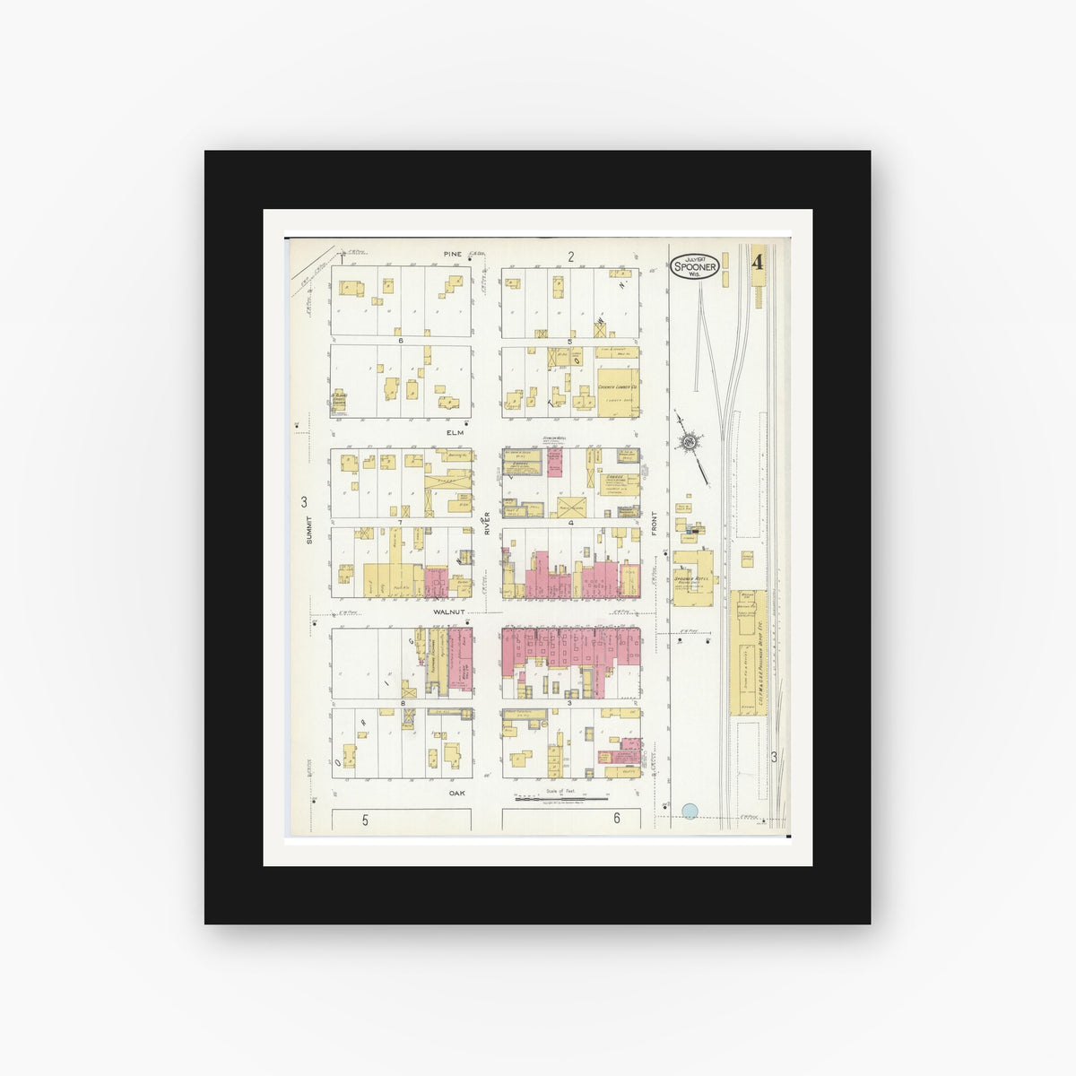 Old map wall art mockup — black gallery frame with white mat — Sanborn Fire Insurance Map from Spooner, Washburn County, Wisconsin (1917), Sheet #0004