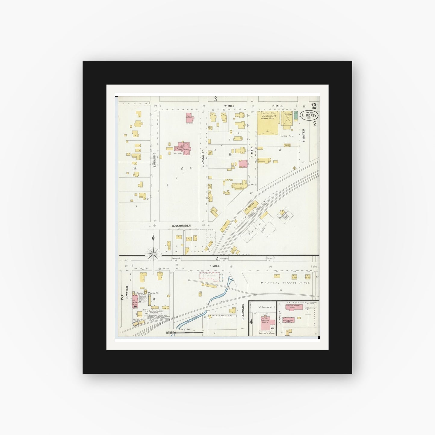 Old map wall art mockup — black gallery frame with white mat — Sanborn Fire Insurance Map from Liberty, Clay County, Missouri (1899), Sheet #0002