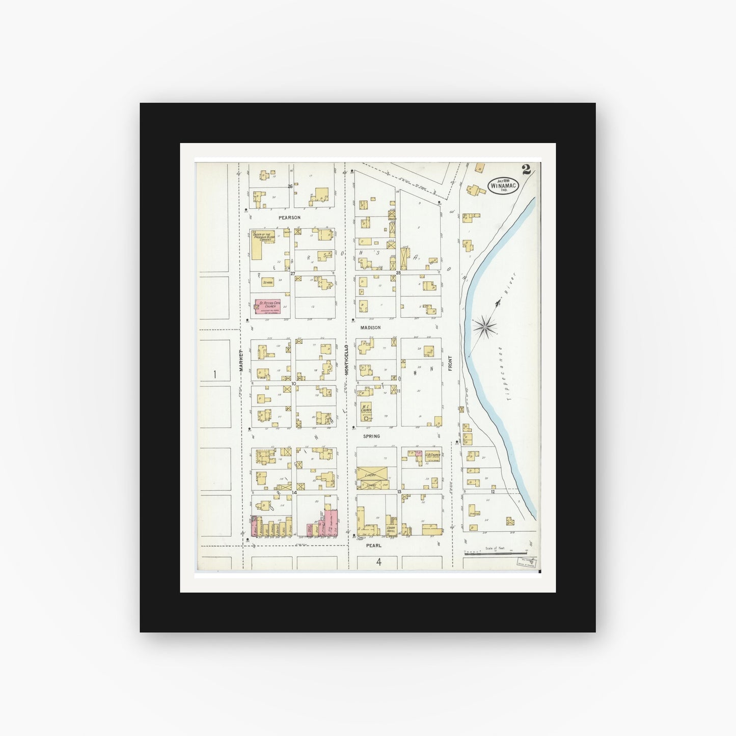 Old map wall art mockup — black gallery frame with white mat — Sanborn Fire Insurance Map from Winamac, Pulaski County, Indiana (1899), Sheet #0002
