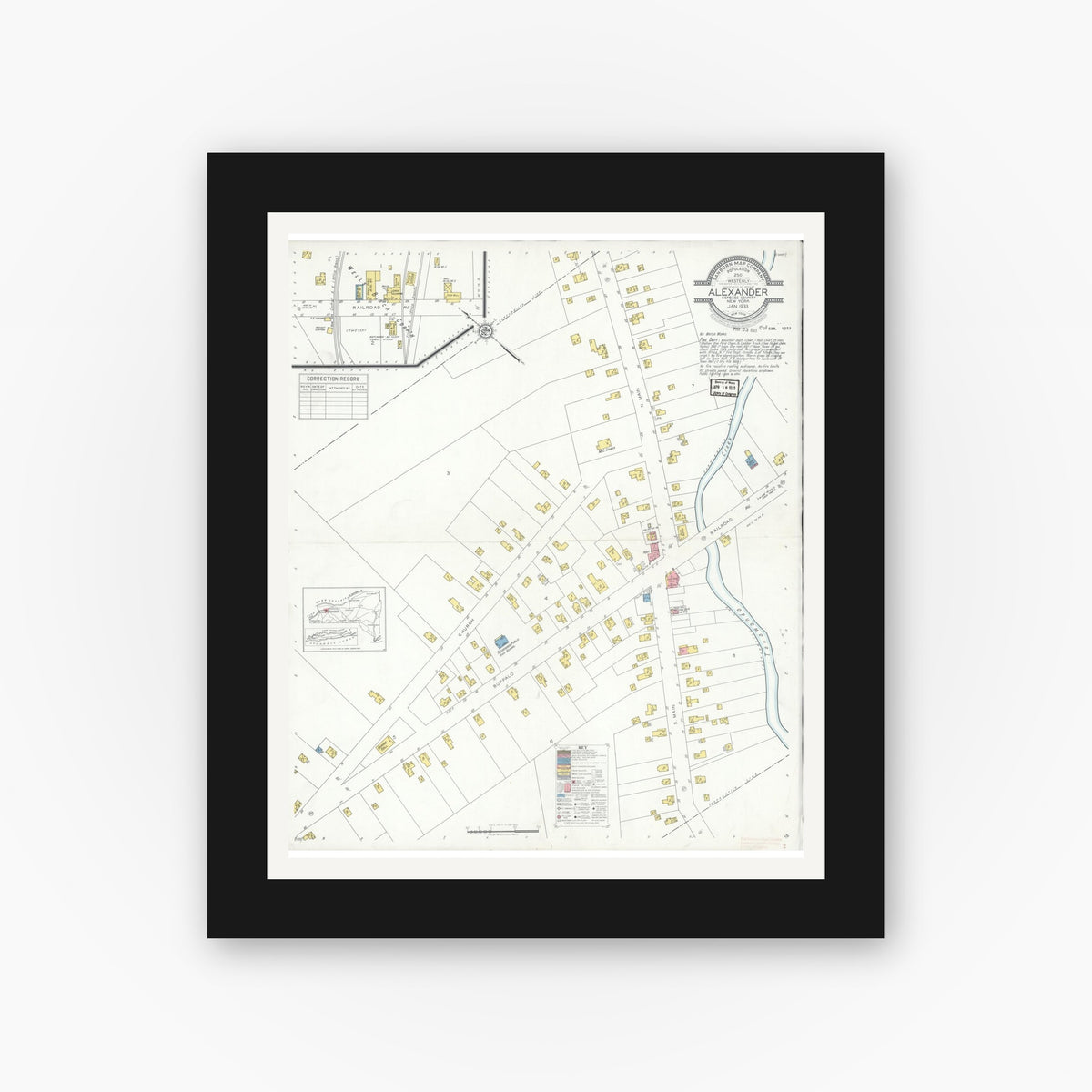 Old map wall art mockup — black gallery frame with white mat — Sanborn Fire Insurance Map from Alexander, Genesee County, New York (1933), Sheet #0001